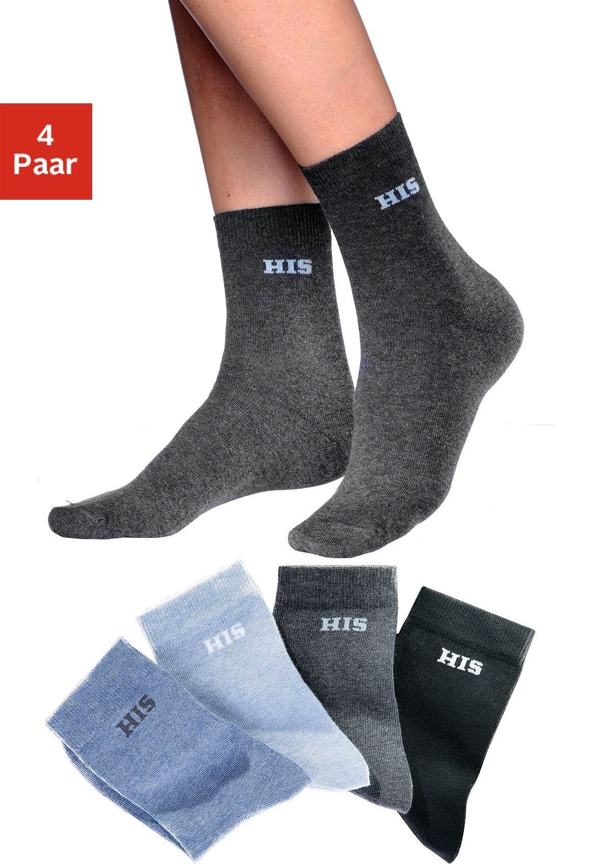H.I.S Basicsocken Damen Herren Ringel und uni Socken (Packung, 4-Paar, Gr. 35-38 bis 43-46) mit eingestricktem Markenlogo