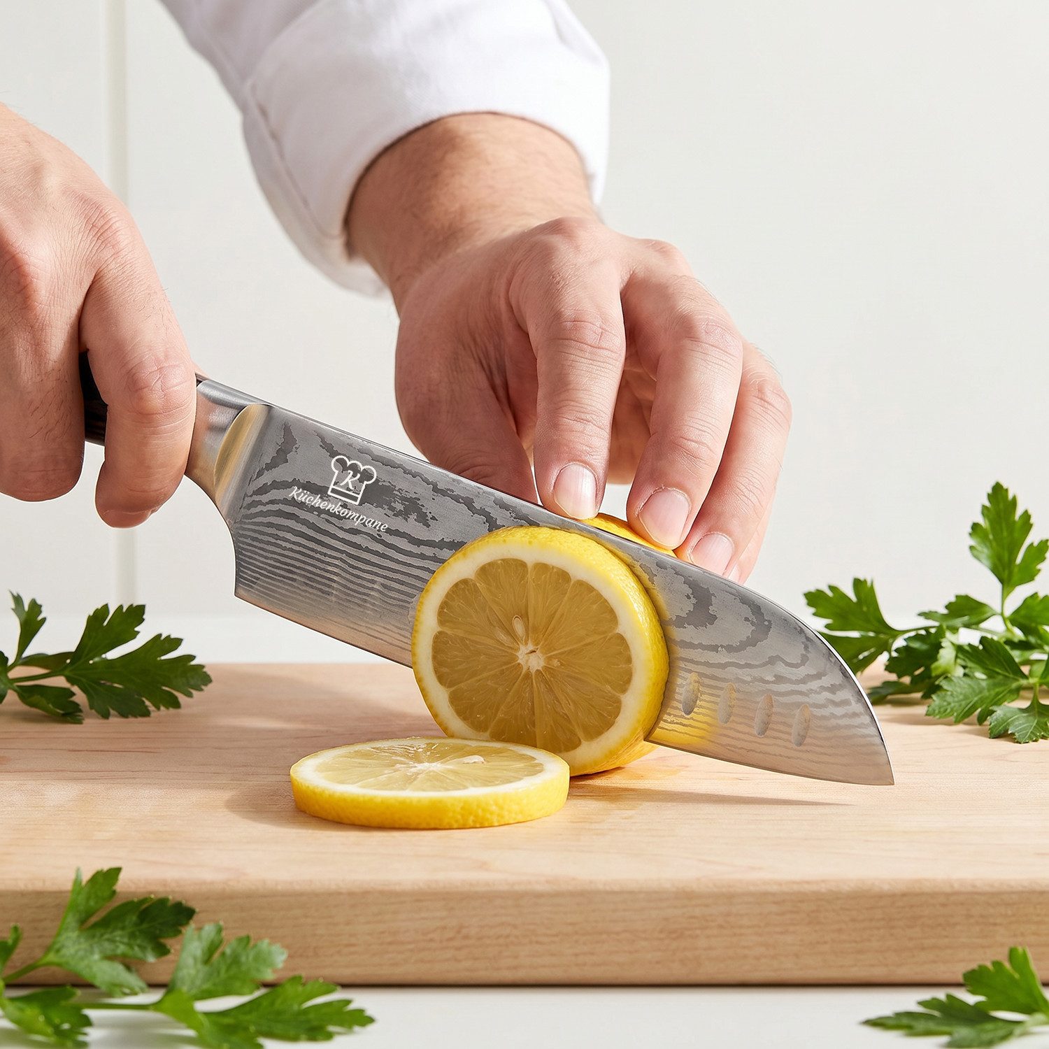 Küchenkompane Fleischmesser Profi Santokumesser – 18 cm – Pakkaholz-Griff – Damast-Optik