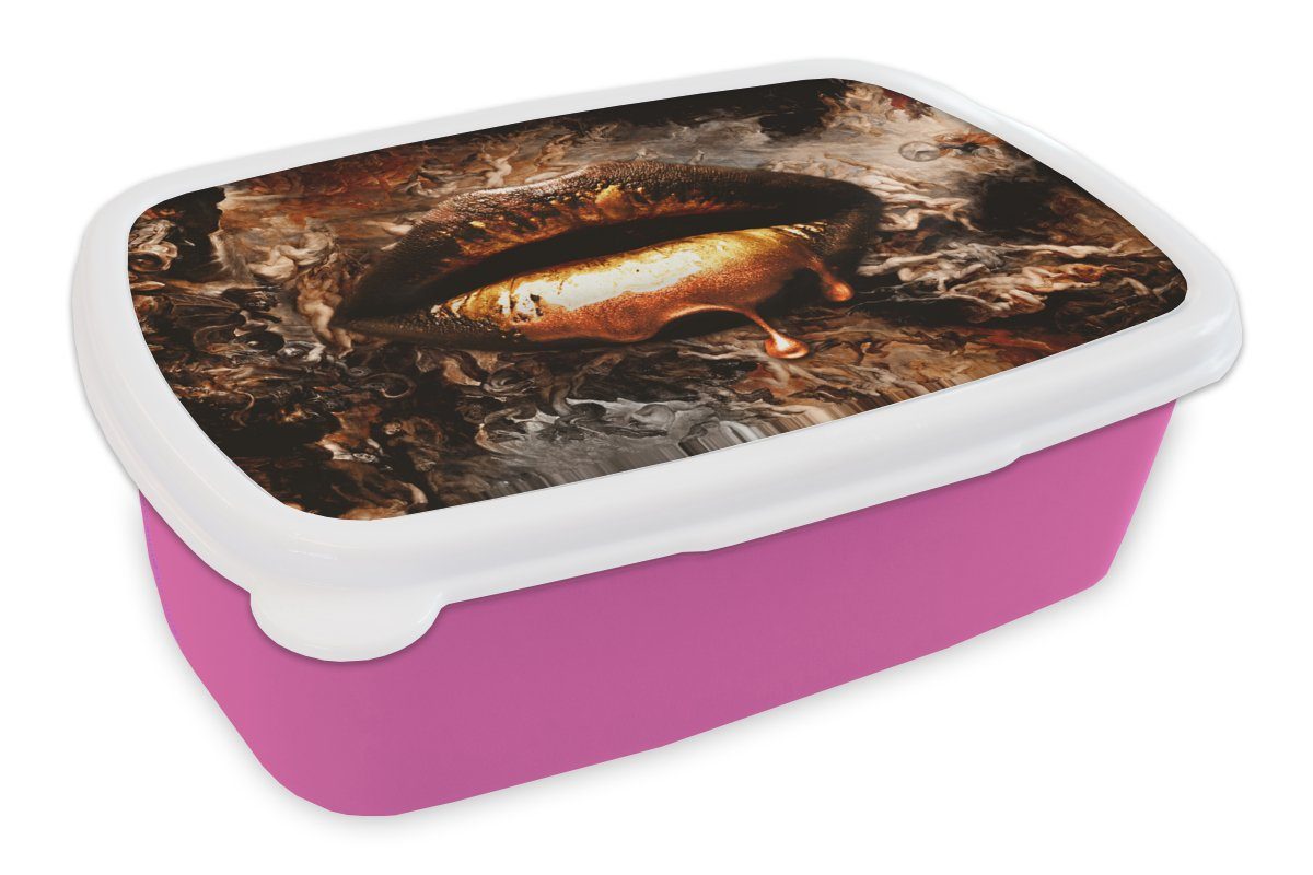 MuchoWow Lunchbox Gold - Lippen - Kunst - Gold - Luxus - Abstrakt, Kunststoff, (2-tlg), Brotbox für Erwachsene, Brotdose Kinder, Snackbox, Mädchen, Kunststoff rosa