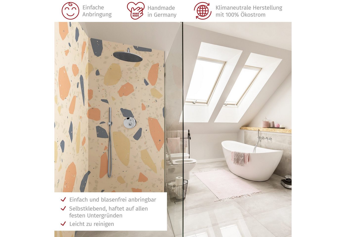 Thumbnail - Bilderdepot24 Badrückwand Terrazzo pastell Duschrückwand ohne Bohren Dusche Muster, (2-tlg., Hart-Folie Premium matt 0,6...