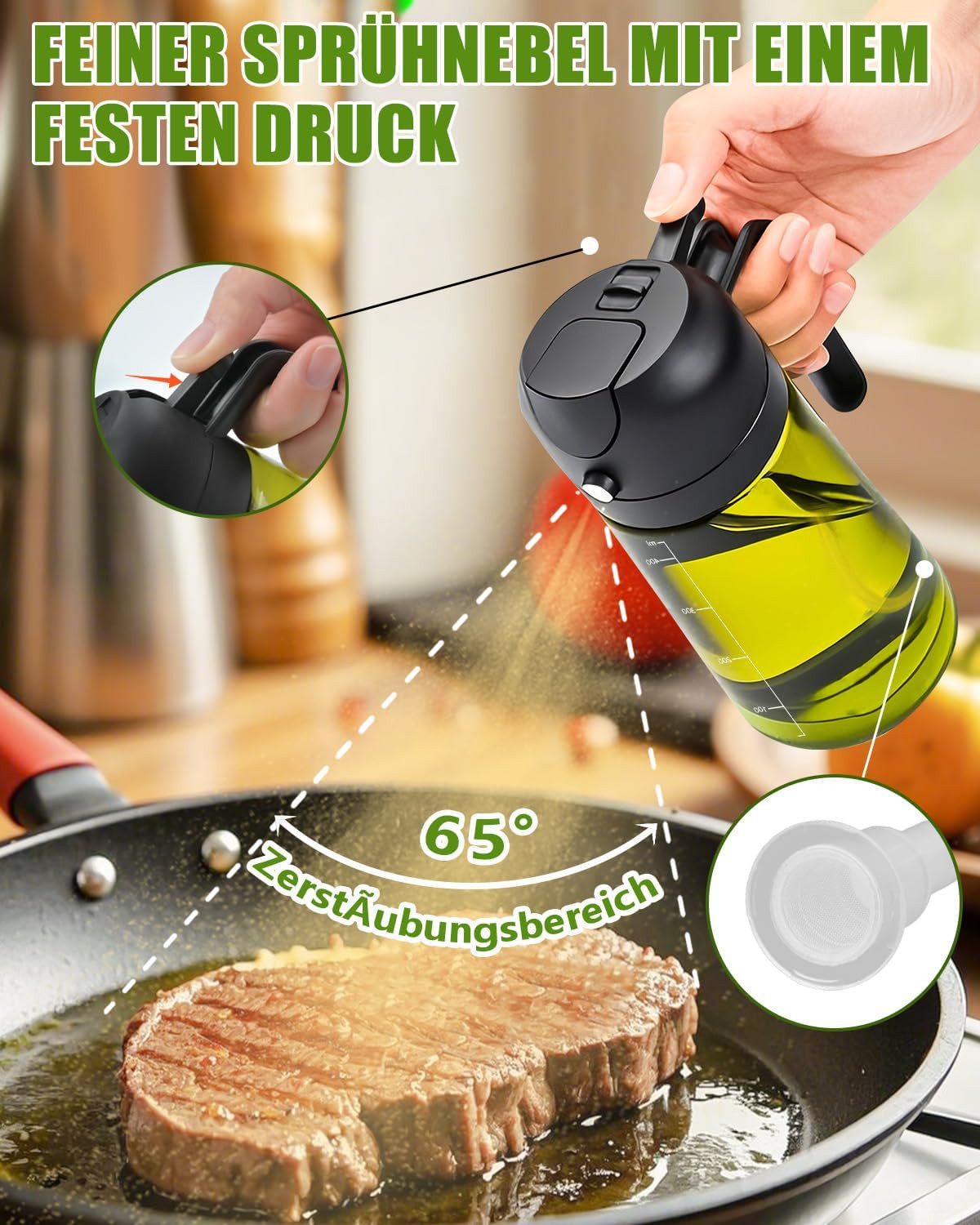Forrlite Ölspender Ölsprüher 2-in-1 Ölsprühflasche Ölflasche Olivenöl Spray 470ml, (Glas-Ölspender mit Sprüh- und Ausgießfunktion, ideal für Küche, Heißluftfrit – Bild 4 von 5