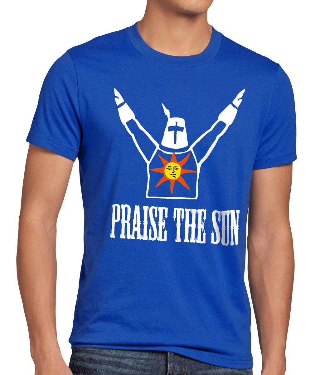 style3 Print-Shirt Herren T-Shirt Praise the Sun Dark Sunbro Solaire Souls Gwyn Sonnen Ritter Bro blau