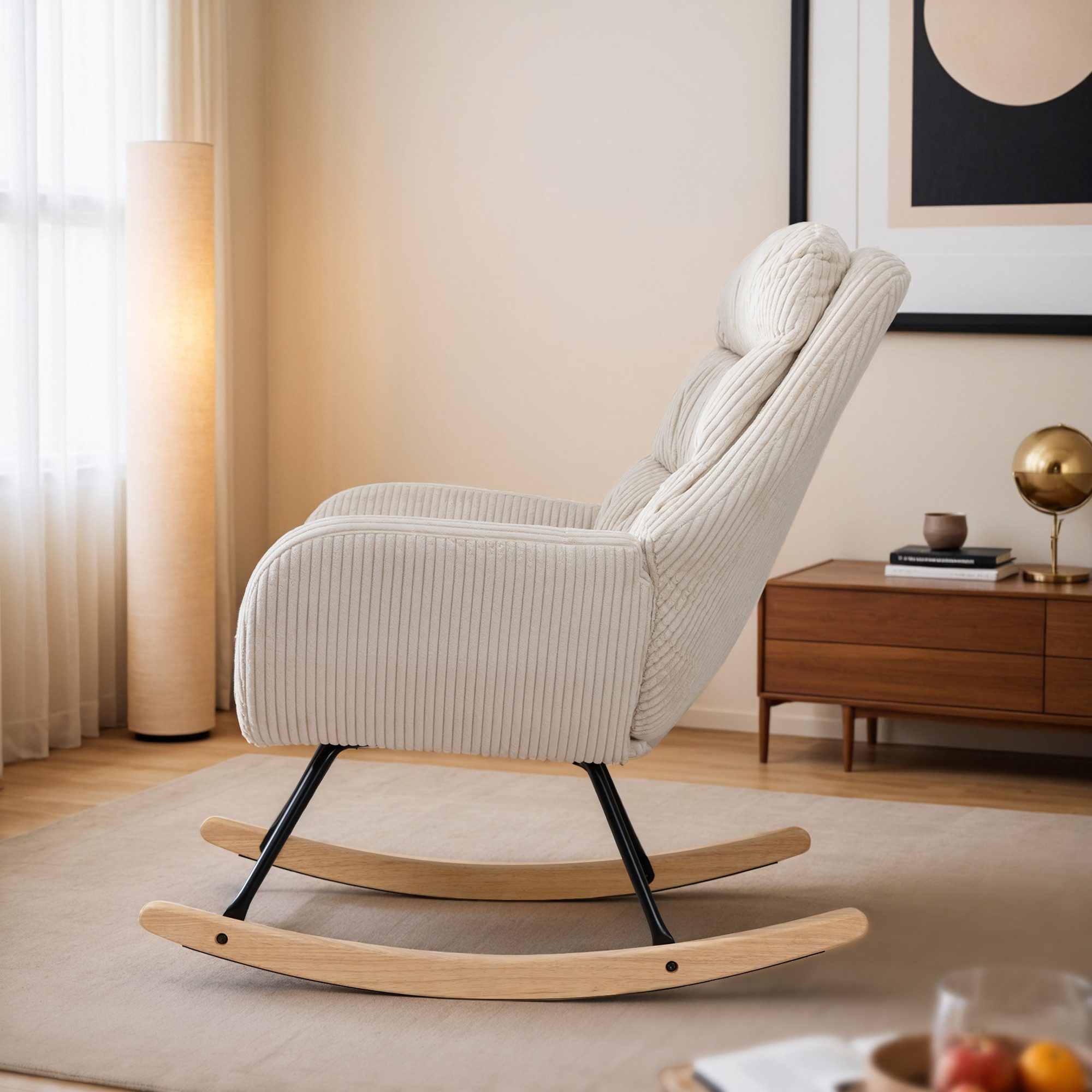 OKWISH Schaukelstuhl geräuschlose Schwingbewegung, hoher Rückenlehne (Wohnzimmersessel, Relaxsessel, Swingsessel, 1 St), Ergonomischer, stabilem Holz-Metall-Gestell