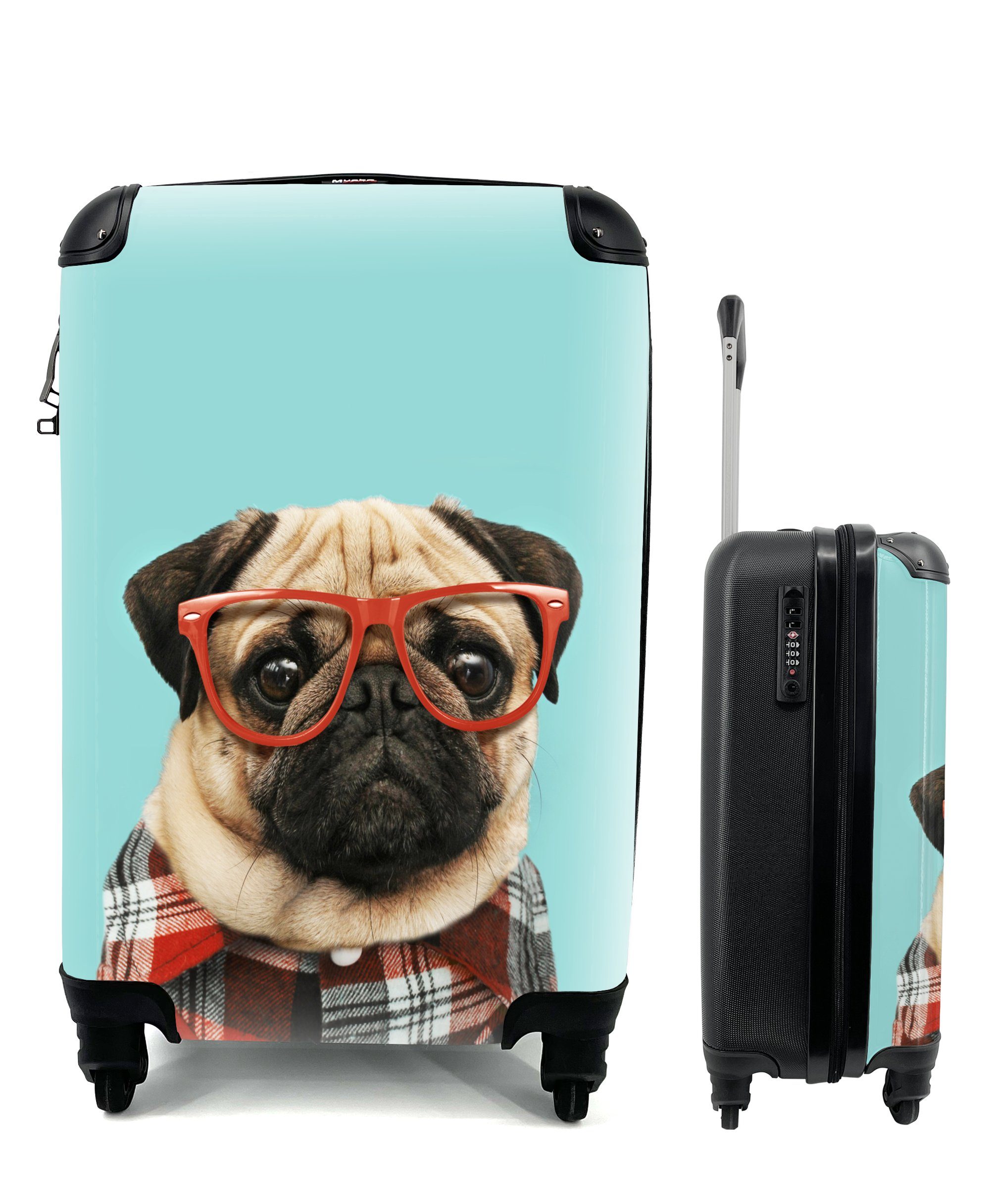 MuchoWow Handgepäckkoffer Hund - Hipster - Brille - Bluse, 4 Rollen, Reisetasche mit rollen, Handgepäck für Ferien, Trolley, Reisekoffer