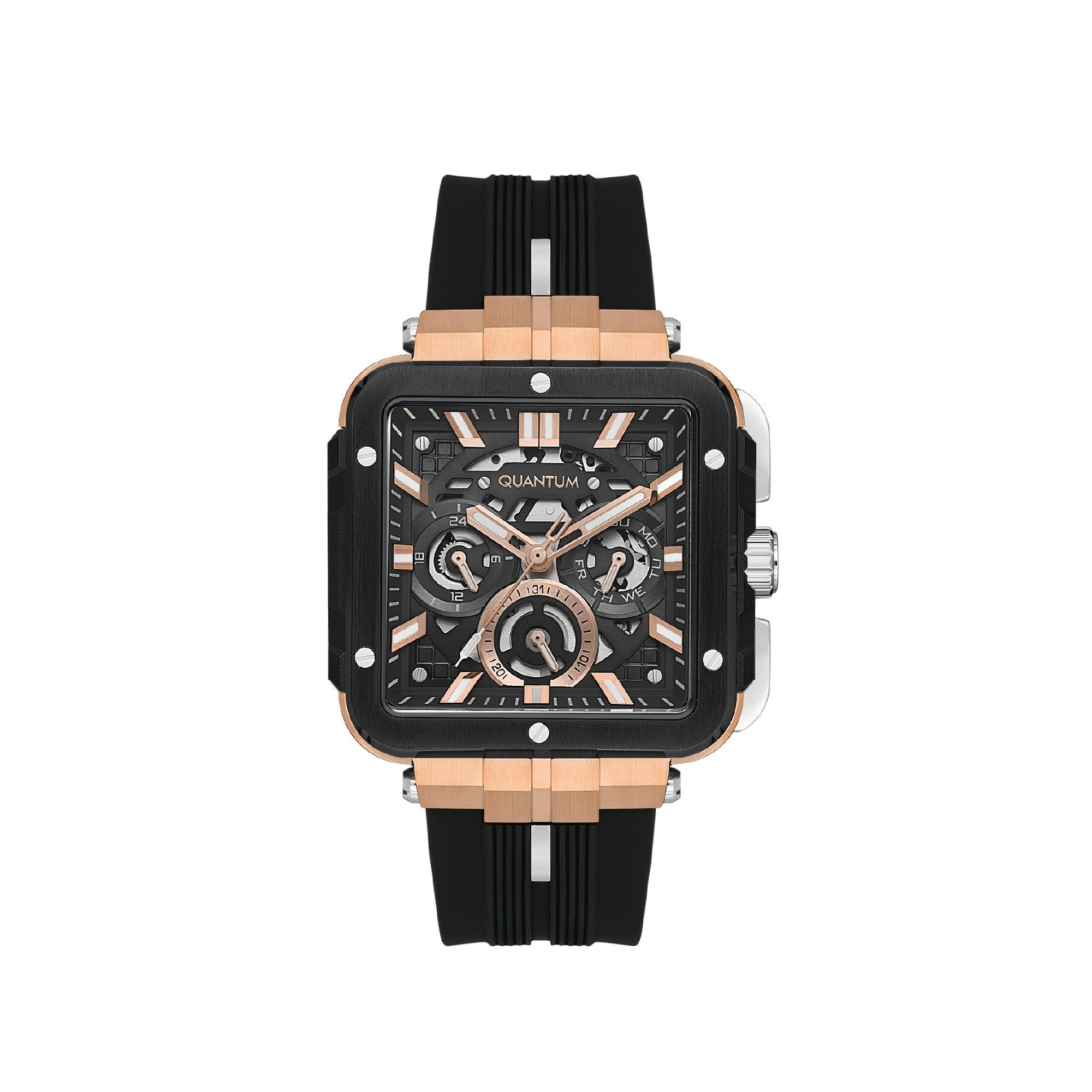 QUANTUM Multifunktionsuhr Herrenuhr Sport mit Silikonarmband, 45 mm – Geschenk für Männer schwarzes Zifferblatt, roségold-schwarz – PWG1102.451, (1-tlg), Datum & Wochentag, Kristallglas, 5 ATM, inkl. Geschenkbox