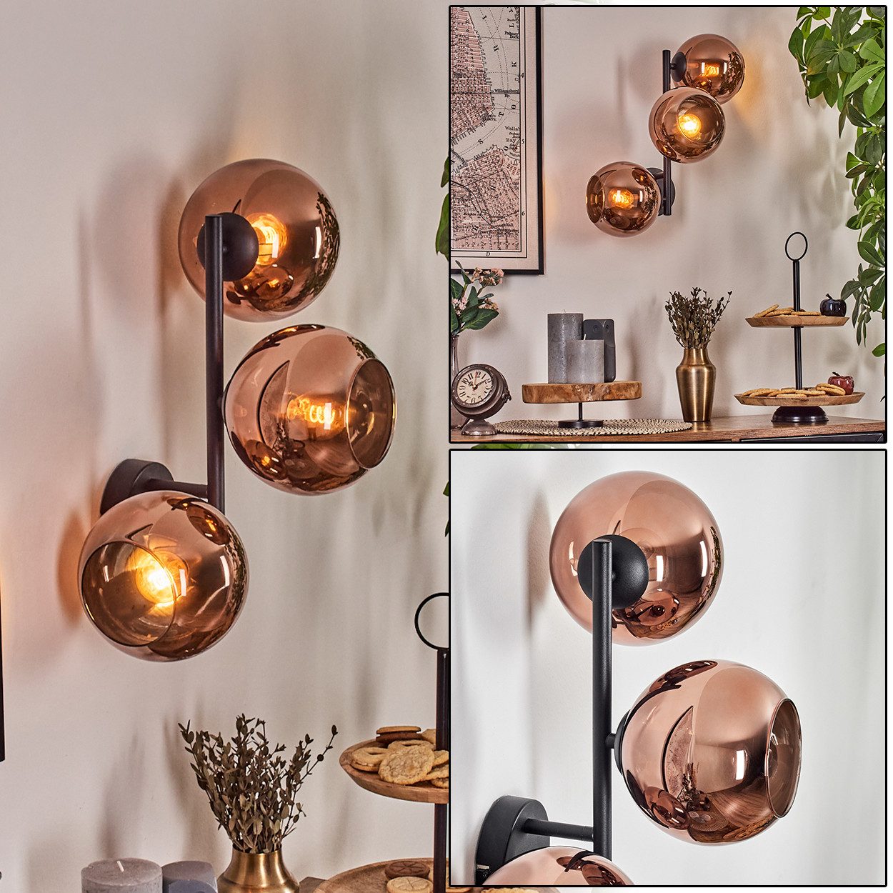 hofstein Wandleuchte Wandlampe aus Metall/Glas in Schwarz/Kupferfarben, ohne Leuchtmittel, moderne Wandleuchte im Retro/Vintage-Design (Schirme 15 cm), E14