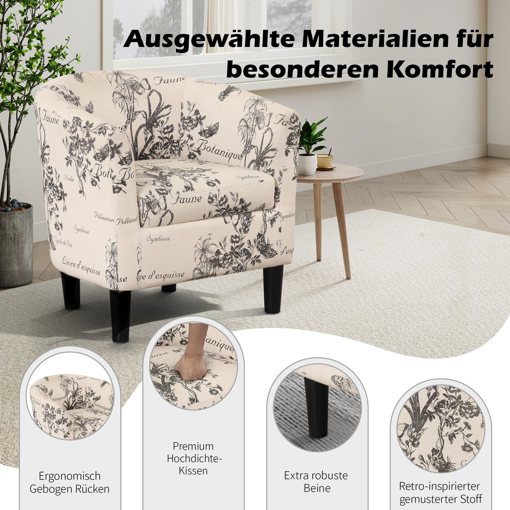 CANMOV Relaxsessel Akzentstuhl mit Hocker für Schlafzimmer, Wohnzimmer, Blumenmuster (1-St), Sessel mit hoher Federkraft und stabiler Rückenlehne