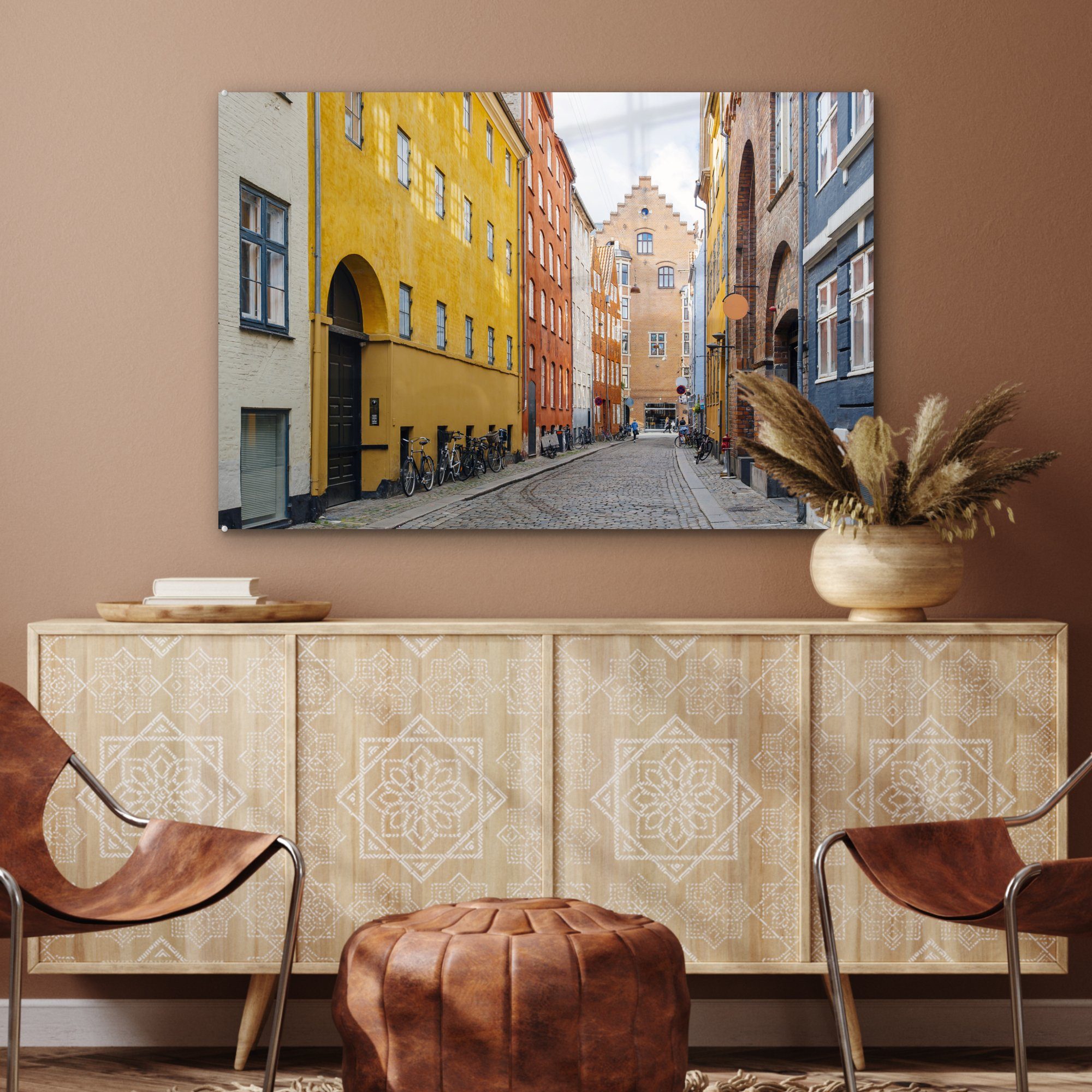 (1 Häusern MuchoWow in Straße & Acrylglasbilder St), bunten Wohnzimmer Dänemark, Acrylglasbild mit Schlafzimmer