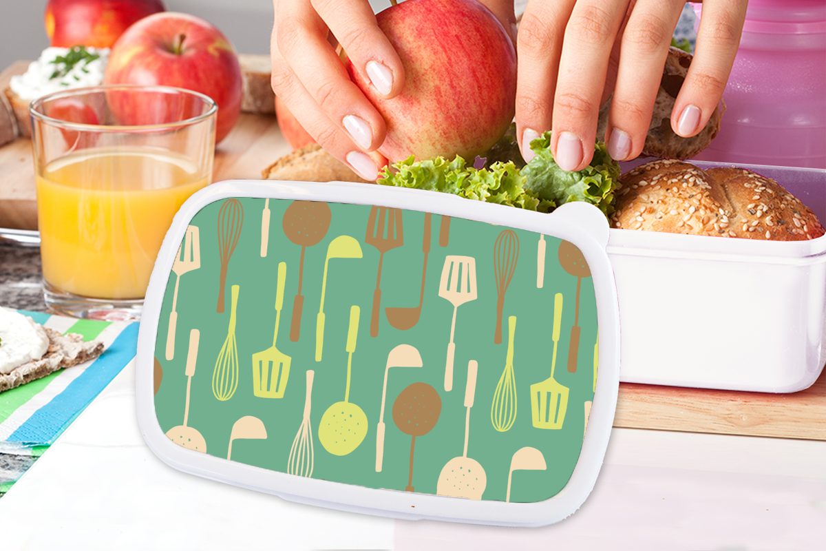 Kinder Lunchbox - Jungs Brotbox Mädchen für Kunststoff, für Erwachsene, (2-tlg), Löffel - und Spatel weiß Muster und MuchoWow Küche, - Brotdose,