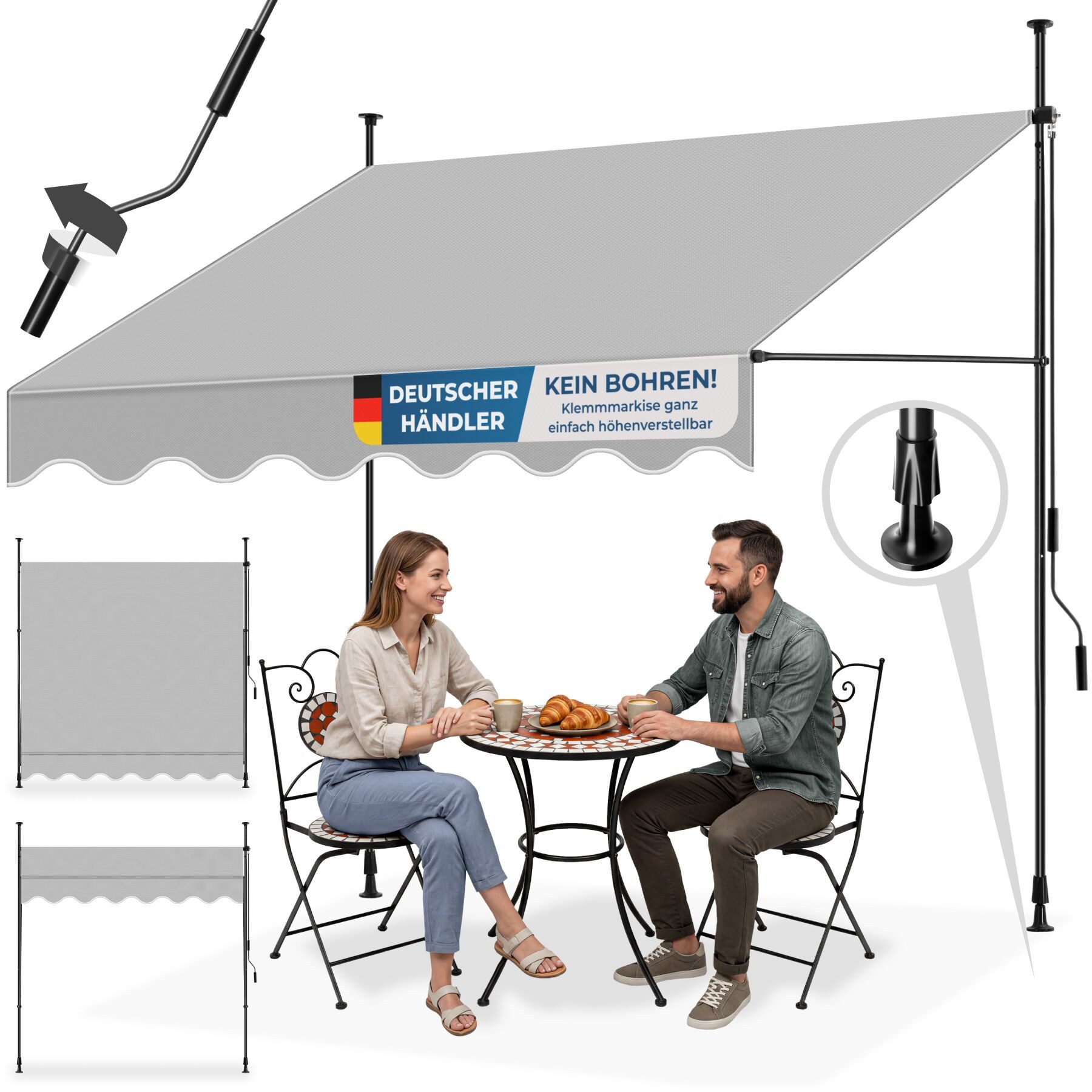 tectake Klemm-Senkrechtmarkise Klemmmarkise - Balkonmarkise mit Handkurbel, UV-beständig (Sichtschutz/Sonnenschutz für Terrasse und Garten, in hellgrau) 180 x 200 x 304 cm, höhenverstellbar 211 - 304 cm, wasserabweisend