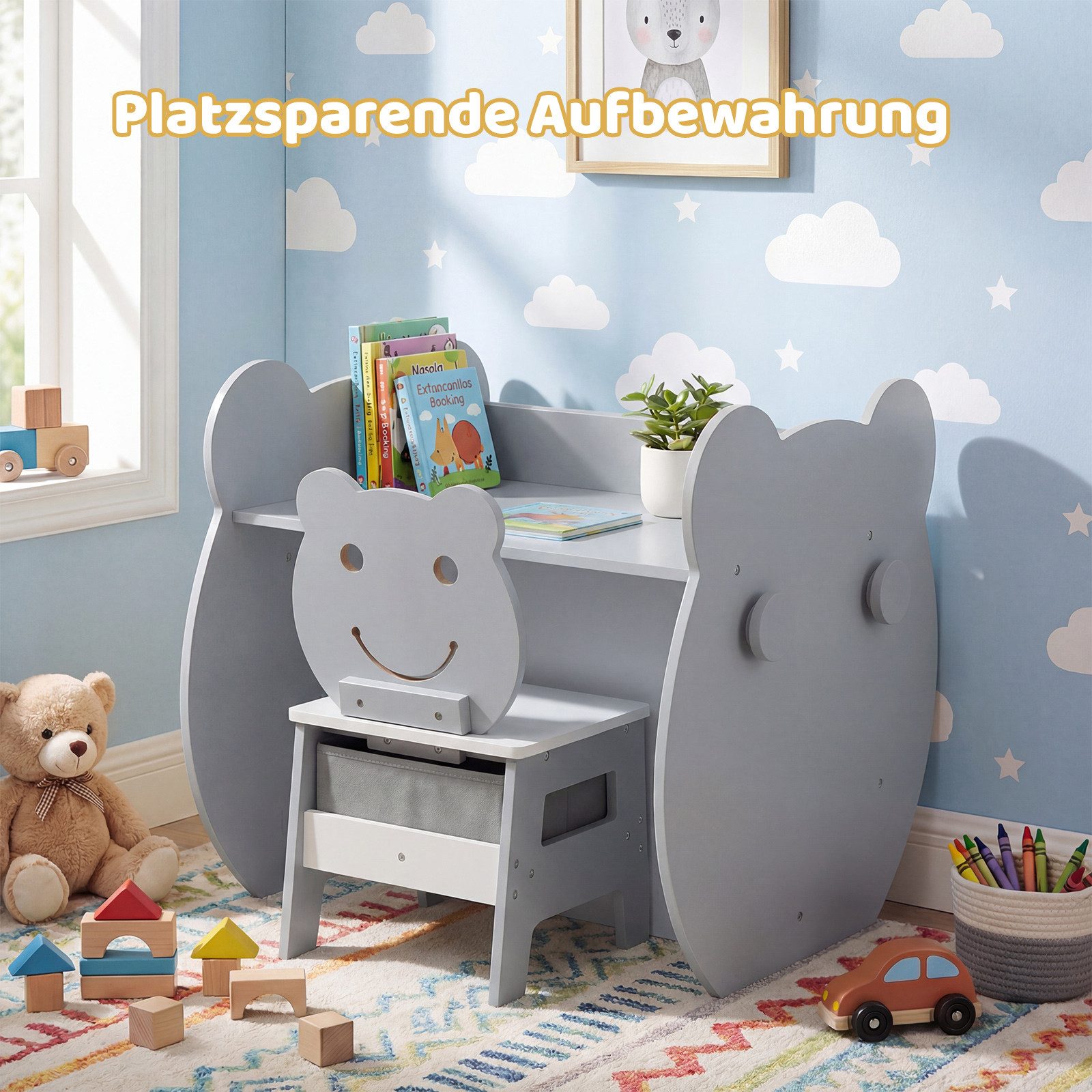 COSTWAY Kindertisch, 3 in 1 mit Stuhl in Bärenform, Maltisch mit Whiteboard