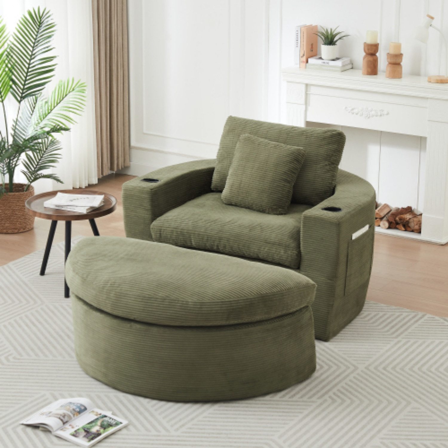 ANYSUN XXL-Sessel Rundsessel mit Hocker aus Cord, Stauraum & 2 Getränkehaltern, Breite Sitzfläche, Federkern-Polsterung & ohne Montage