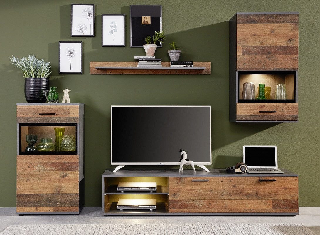 MCA furniture Wohnwand Wohnwand Anbauwand Mango, Old Used Wood / Matera grau, 4-teilig, (4-St), moderne Wohnkombination Used Look ca. 245 cm