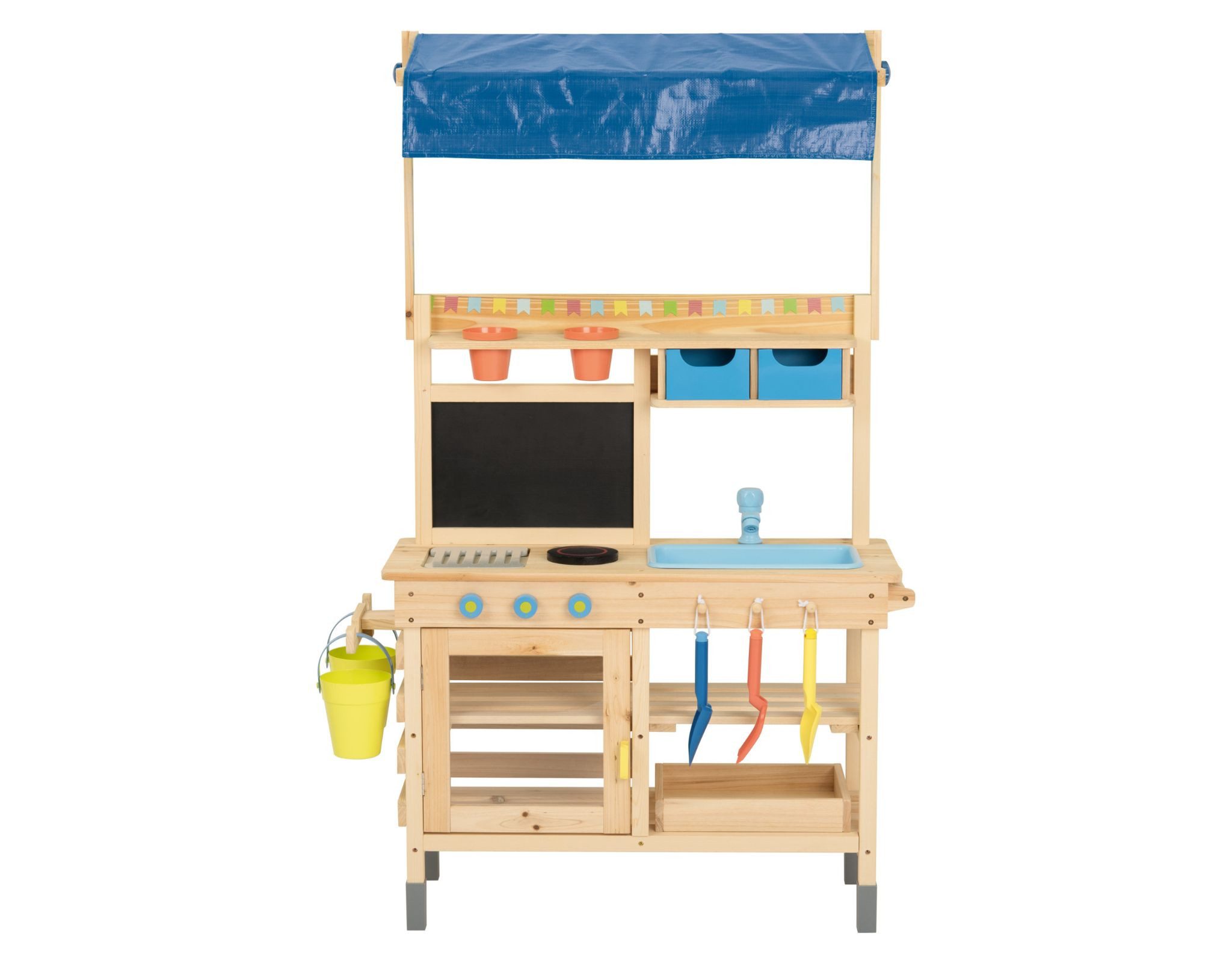 Playtive Outdoor-Spielküche Matschküche Outdoor Kinder Spielküche Holz mit Dach ab 3 Jahren Holz, Kunststoff, aus Echtholz, mit Dach, Spülbecken & Zubehör
