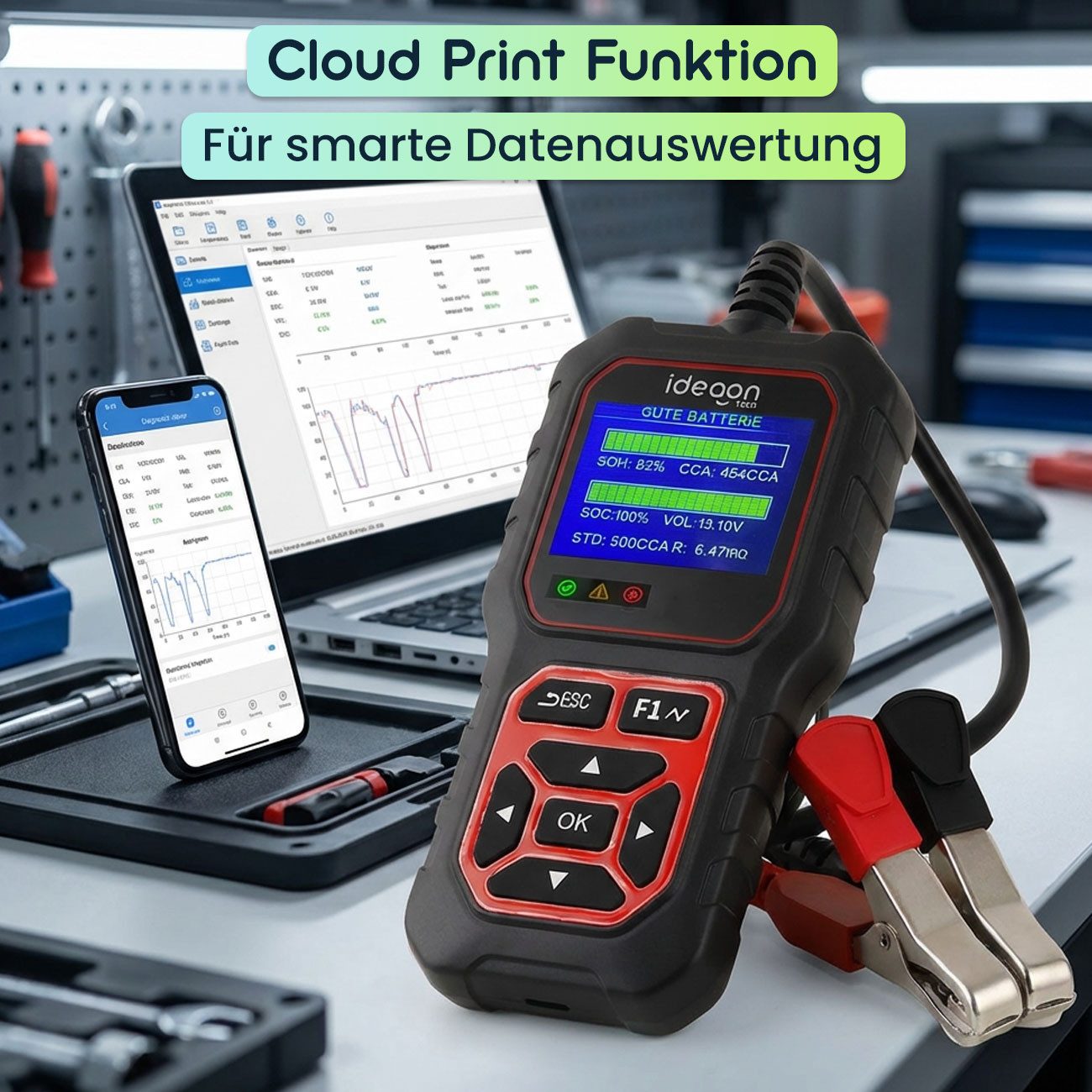 shop'n smile ideoon Batterietester Batterietester mit 2.4 Zoll LCD Farbdisplay Autobatterie Prüfgerät, für Nass AGM Gel EFB Lithium, 12V 24V Starttest