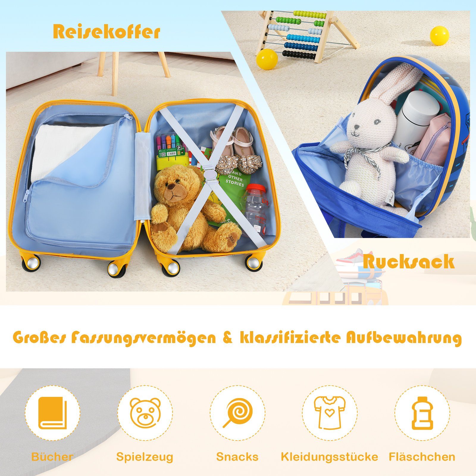 COSTWAY Kinderkoffer Reisegepäck, 2tlg Kinderkoffer + Rucksack
