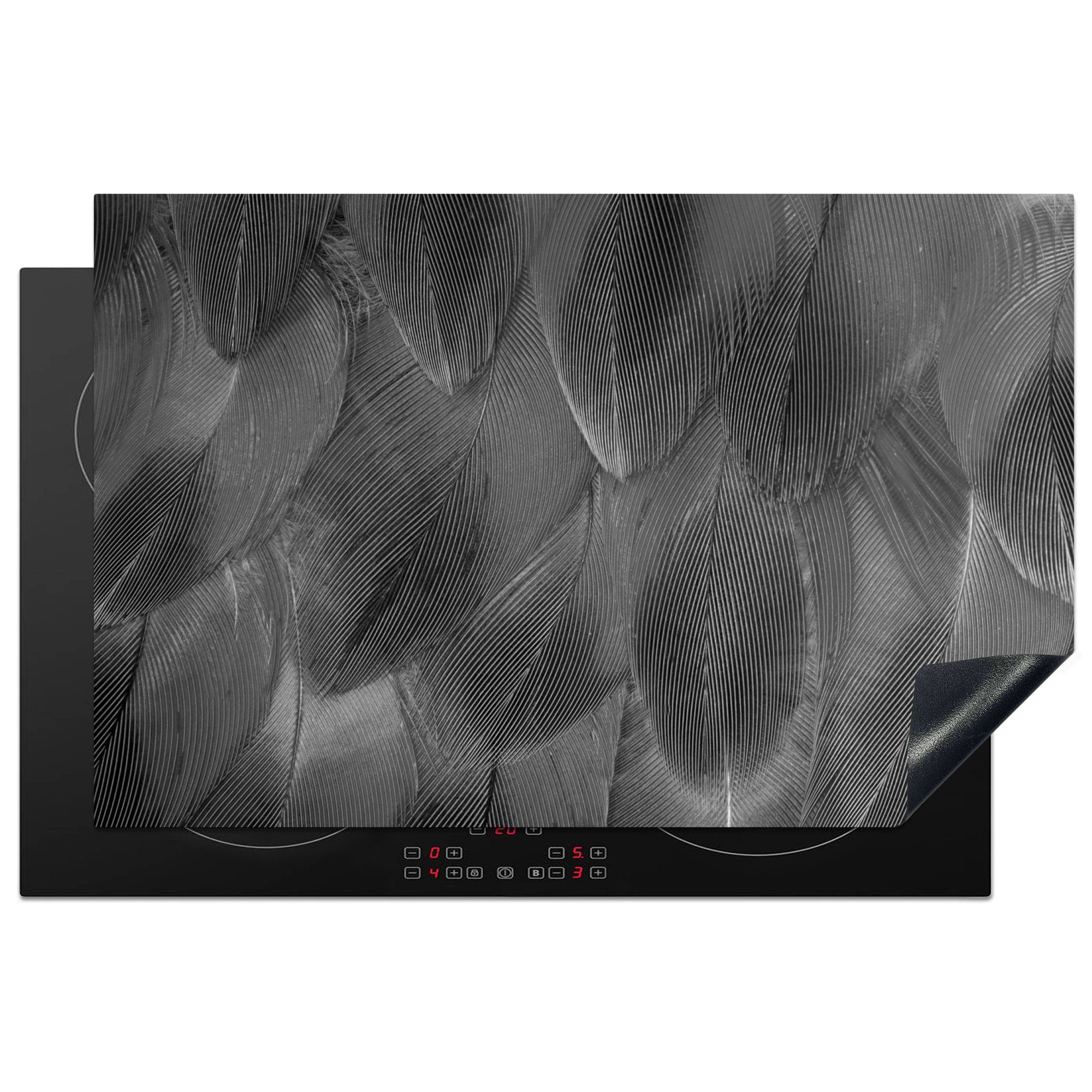 MuchoWow Herdblende-/Abdeckplatte Struktur der Federn - schwarz und weiß, Vinyl, (1 tlg), 81x52 cm, Induktionskochfeld Schutz für die küche, Ceranfeldabdeckung