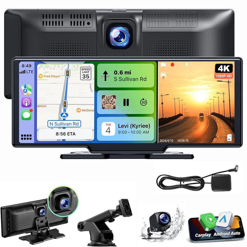 ESSGOO 4K 10.26" Wireless Carplay Android Auto Display Vorne Rückfahrkamera Navigationsgerät (Tragbar Autoradio Rückfahrkamera IPS Touchscreen GPS Navi FM AUX)
