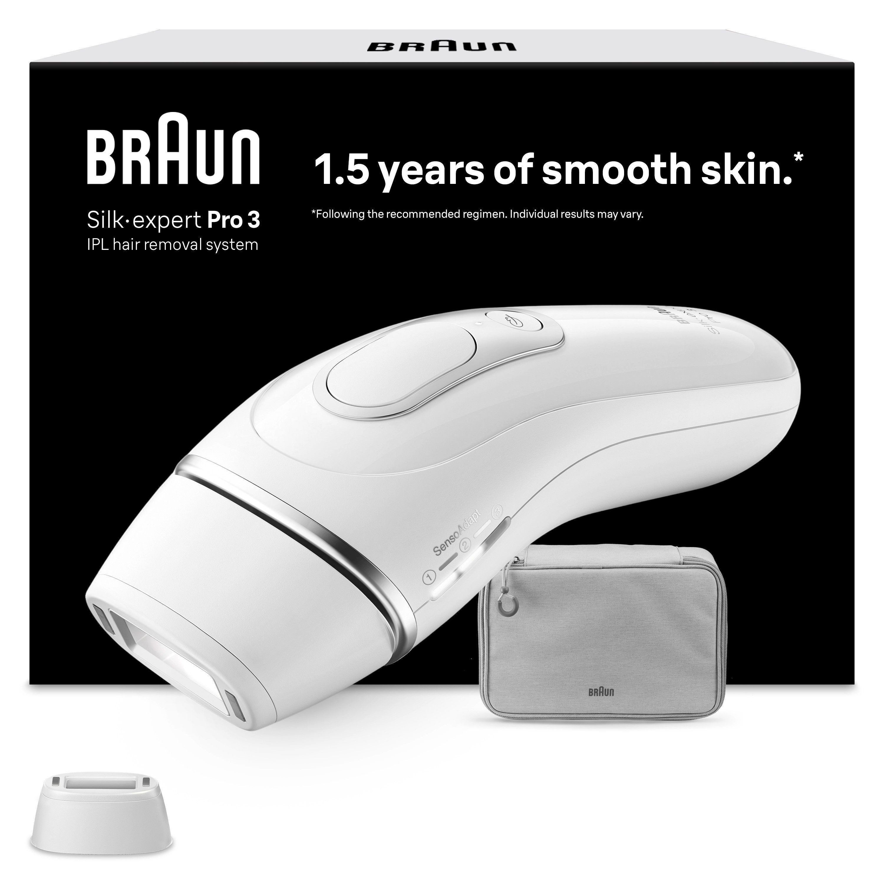 Braun IPL-Haarentferner Silk·expert Pro 3 PL3020 (Modell 2026) PL3230 (Modell 2025), pro Minute bis zu 100 Lichtimpulse, 3 Aufsätze, mit Aufbewahrungstasche