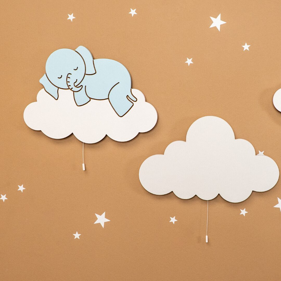 COZYCOLLECTIONS LED Wandleuchte Wandnachtlicht „Elefant auf der Wolke + weiße Wolke in Holzoptik, LED, Warmweiß, Montessori: sanftes Licht & eigene Schalter fördern Autonomie