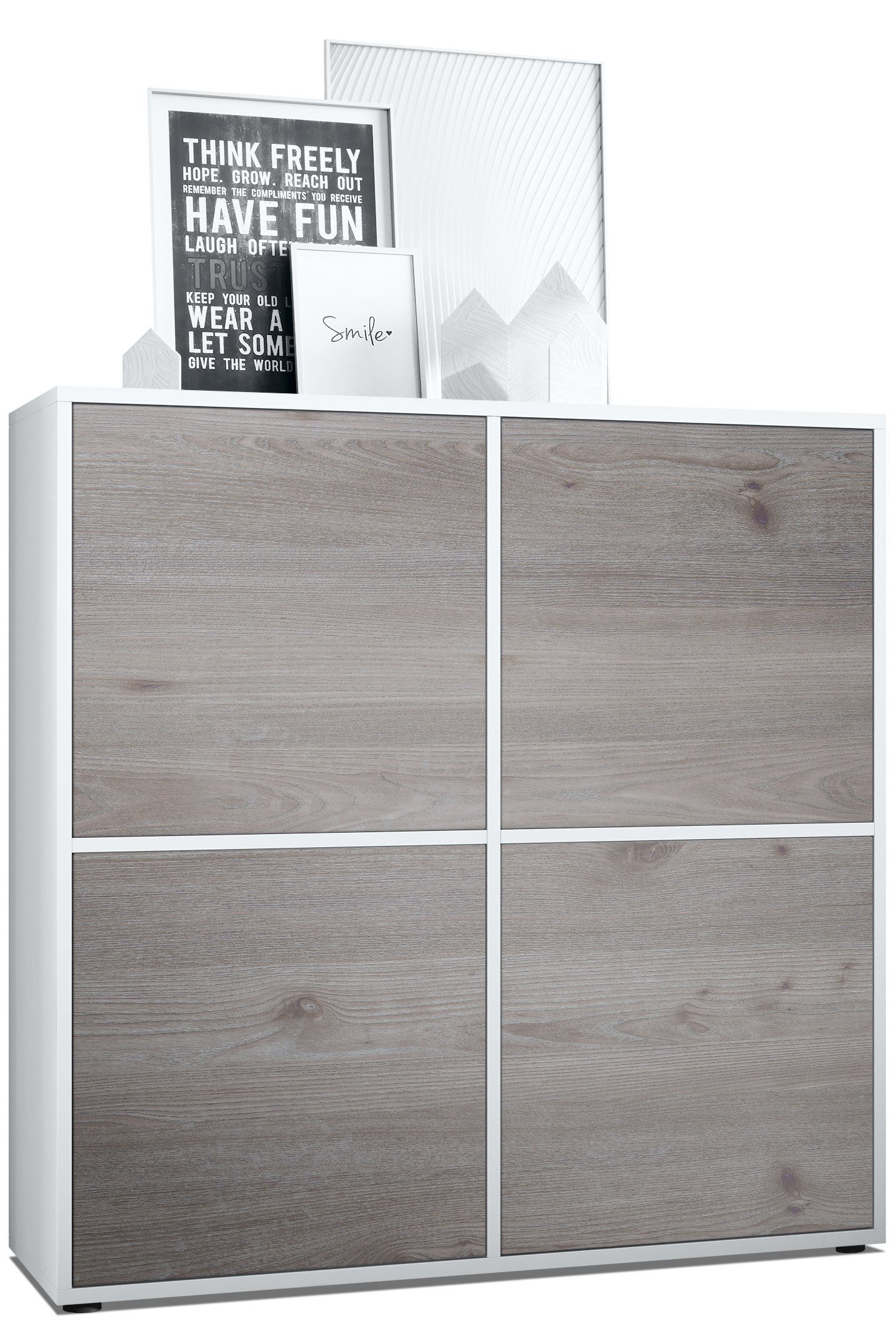 Vladon Highboard Cuba V2 (Schrank, 104 x 105,5 x 35,5 cm Sideboard mit 8 Fächern), Korpus in Weiß matt / Fronten in Eiche Nordic
