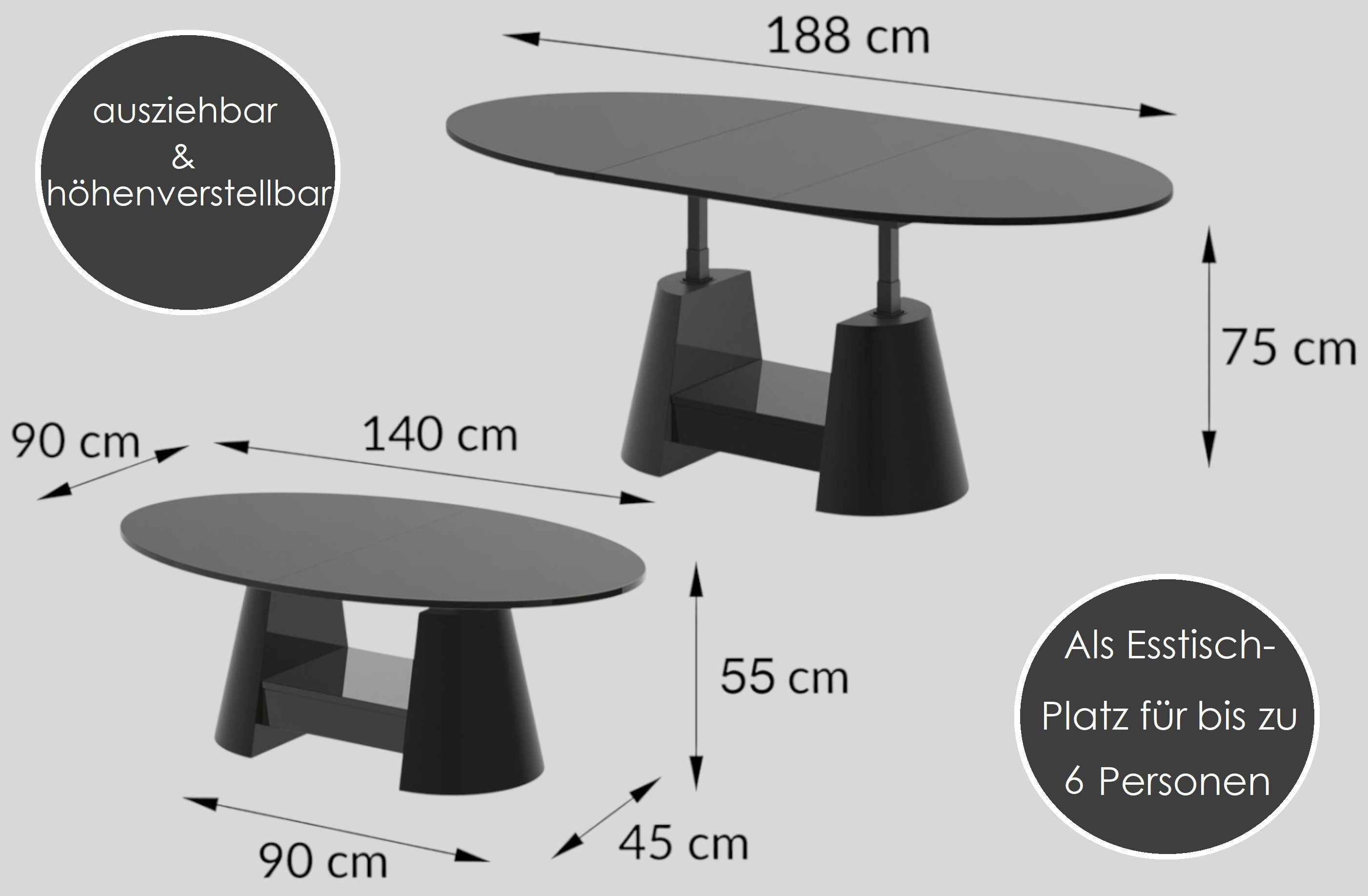 designimpex Couchtisch Calabrio oval höhenverstellbar ausziehbar Schublade Tisch Esstisch, Funktionstisch, Wohnzimmertisch, Tisch, Esstisch, Sofatisch
