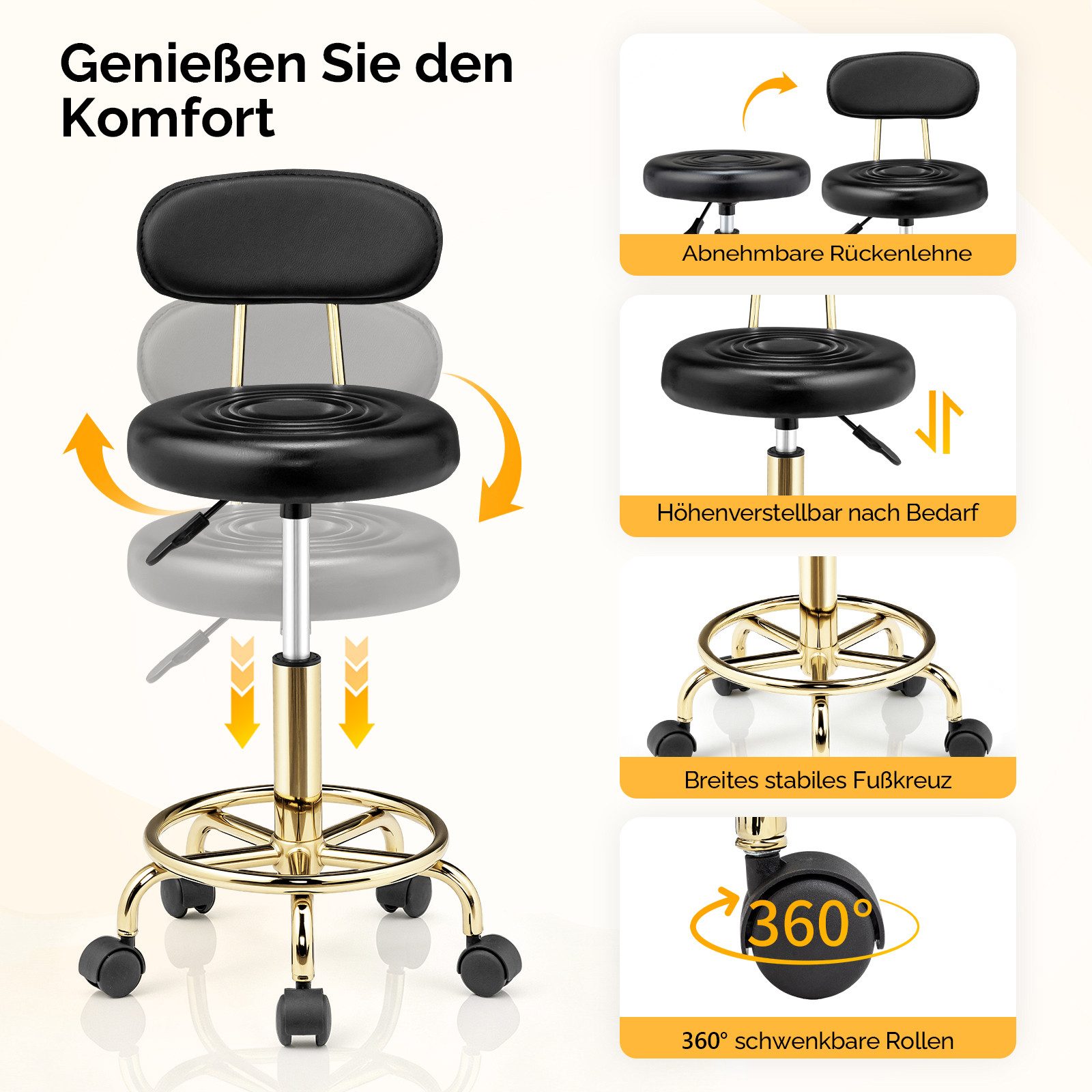 VINGLI Drehhocker Rollhocker Bürohocker Hocker für Salon, Tattoo-Studio, Büro, Zuhause, Höhenverstellbar 47-61,5 cm, mit Lehne Abnehmbar, 360 ° Drehbar – Bild 2 von 5