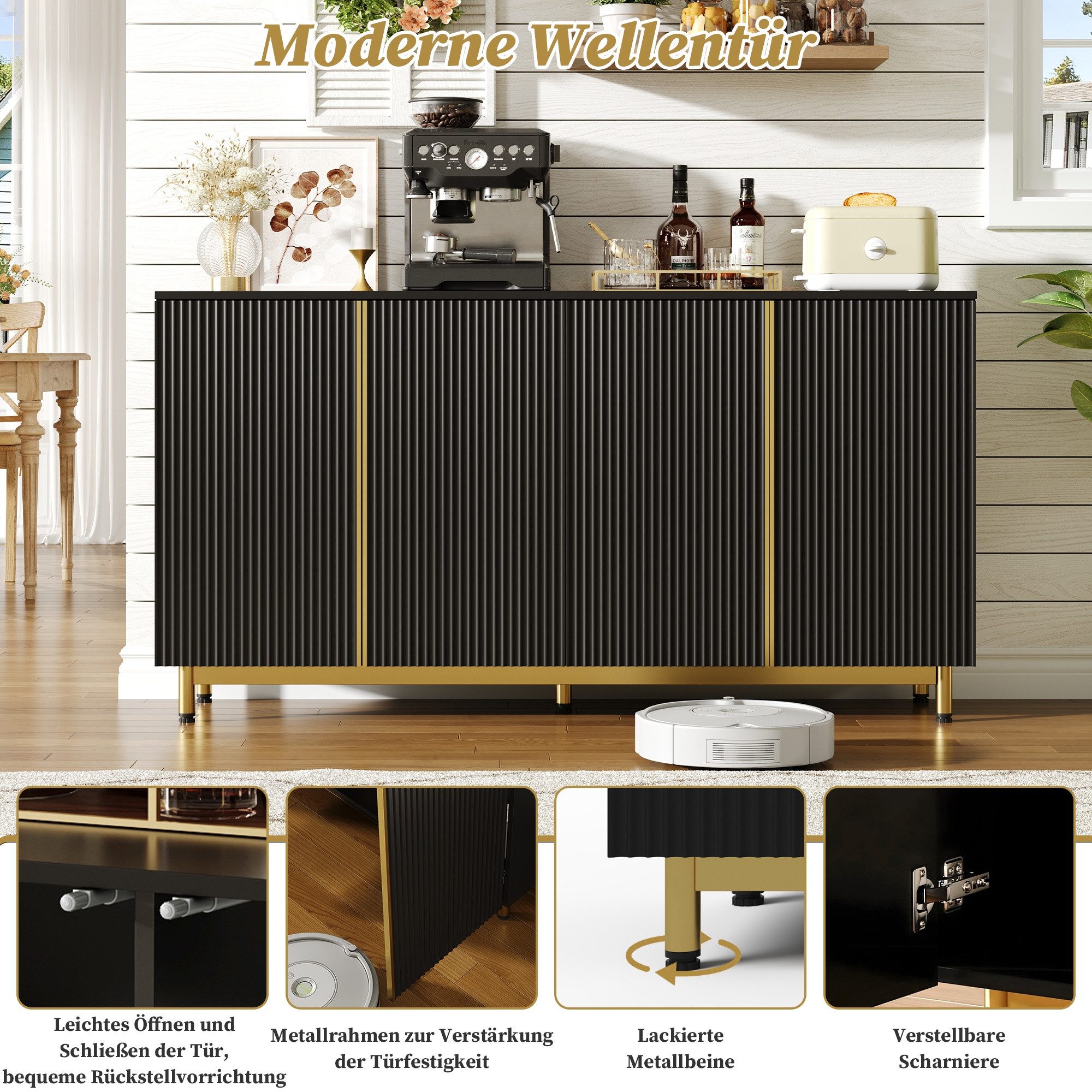 IDEASY Sideboard 150cm Buffetschrank schwarz, Wellentüren & kippsicher günstig online kaufen