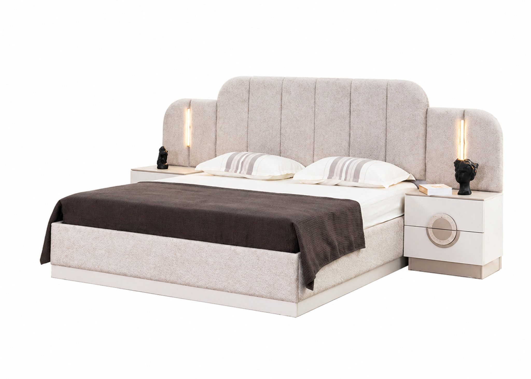 JVmoebel Schlafzimmer-Set Moderne Beige Schlafzimmer Garnitur Designer Doppelbett 2x Nachttische, (3-tlg), Made in Europa