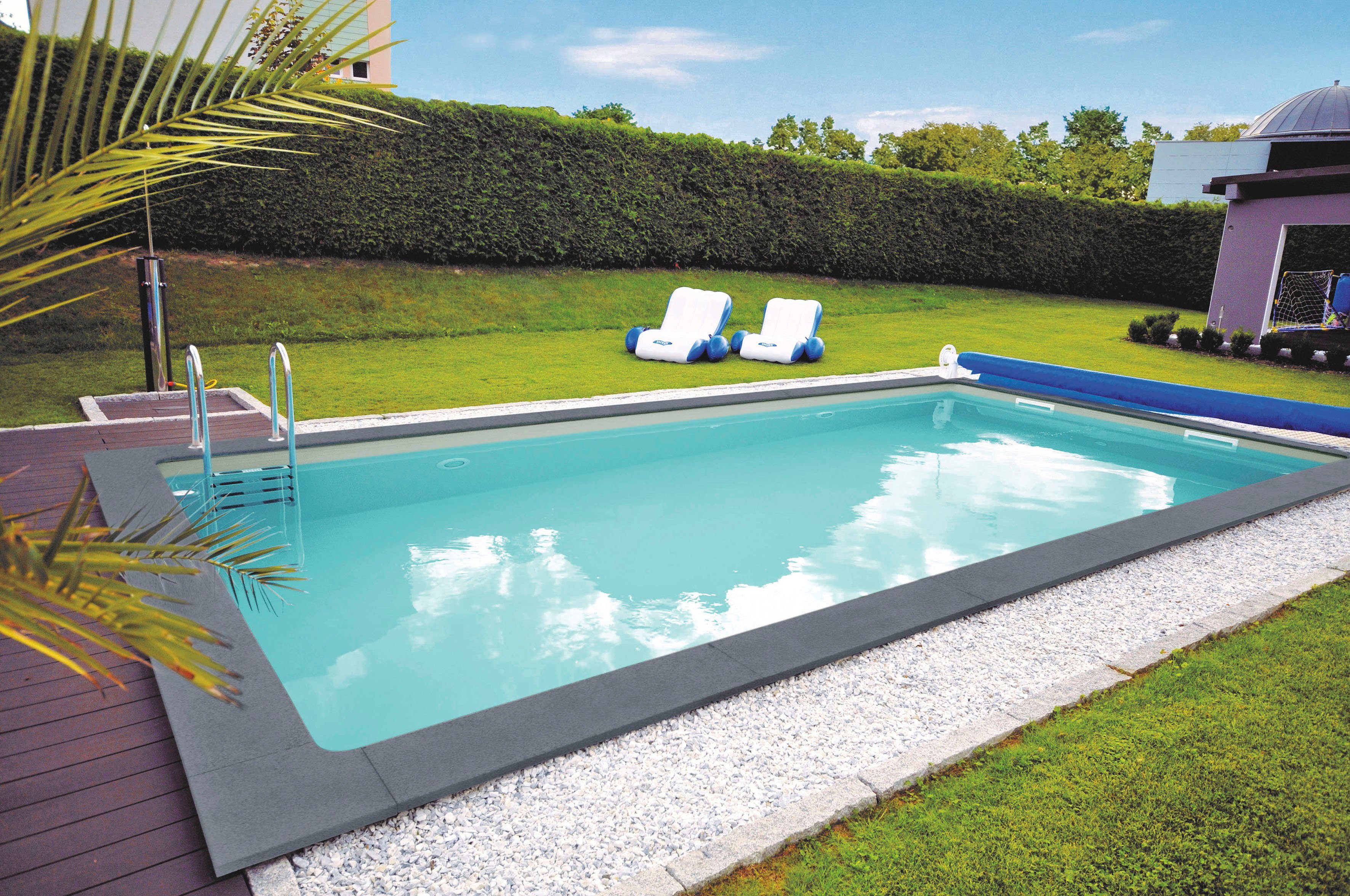 KWAD Schwimmbecken STYROPOR®STEIN POOL ALL INCLUSIVE, BxLxH: 350x700x150 cm (Set), mit Edelstahlleiter, inkl. Beckenrandsteine & Poolbeleuchtung