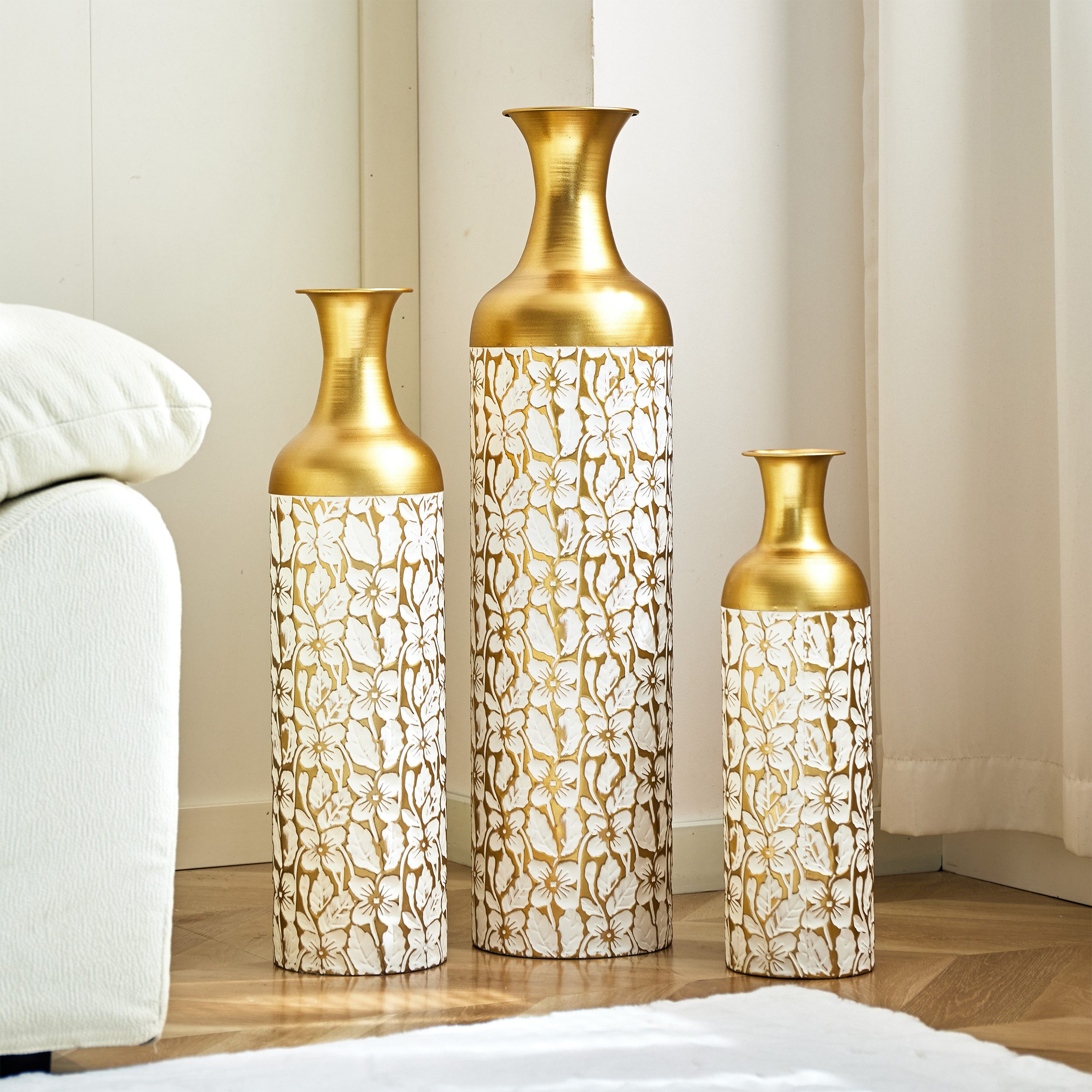 KLAM HOME Bodenvase Große Bodenvase 3er Set aus Metall, (50/65/83 cm), Mid-Century Modern (Dekovase Boden bis zur Decke reichende Vase, hohe dekorative Vase), Vintage Deko, Dekorative Vase für Wohnzimmer, Flur und Schlafzimmer
