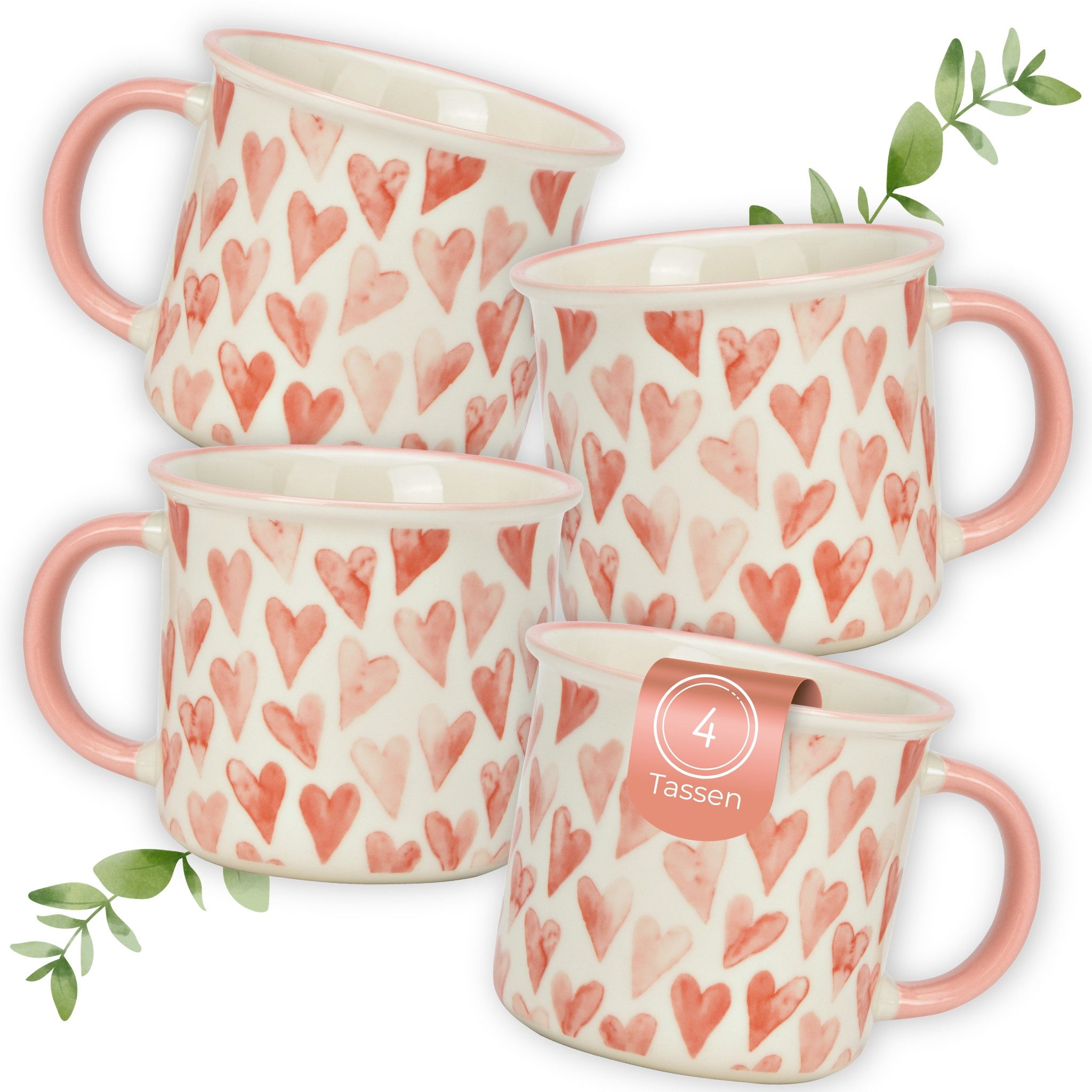 matches21 HOME & HOBBY Tasse Kaffeetassen Herz-Design Rosa, Kaffeebecher 4er Set, 370 ml, 4-tlg., Porzellan, Romantische Teetassen aus Porzellan