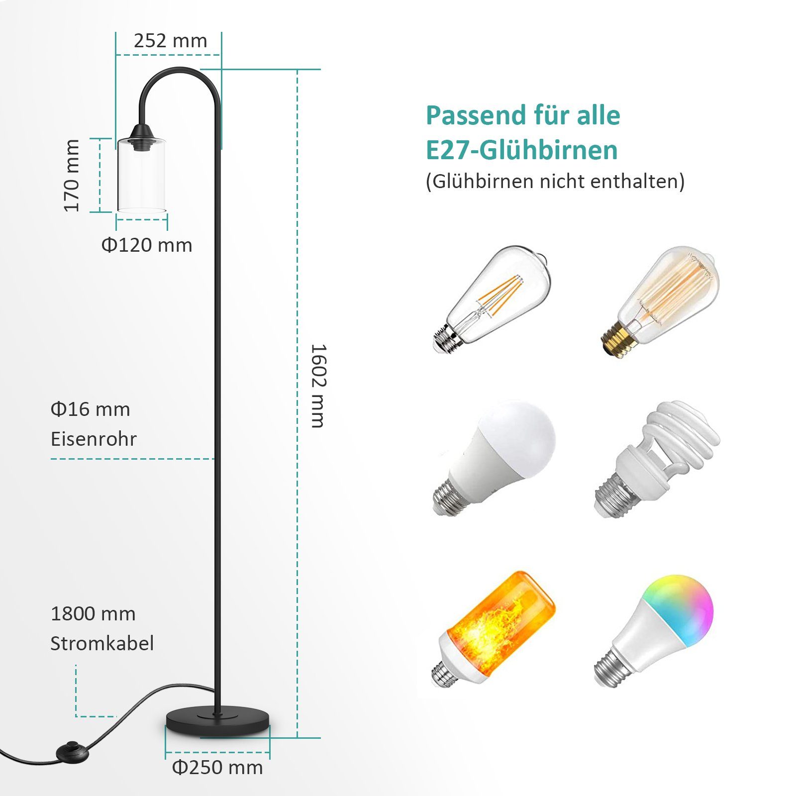 EMKE Stehlampe Stehlampe Stehleuchte Wohnzimmerlampe Schwarz, Fußschalte Fußschalte mit mit mit Glasschirm