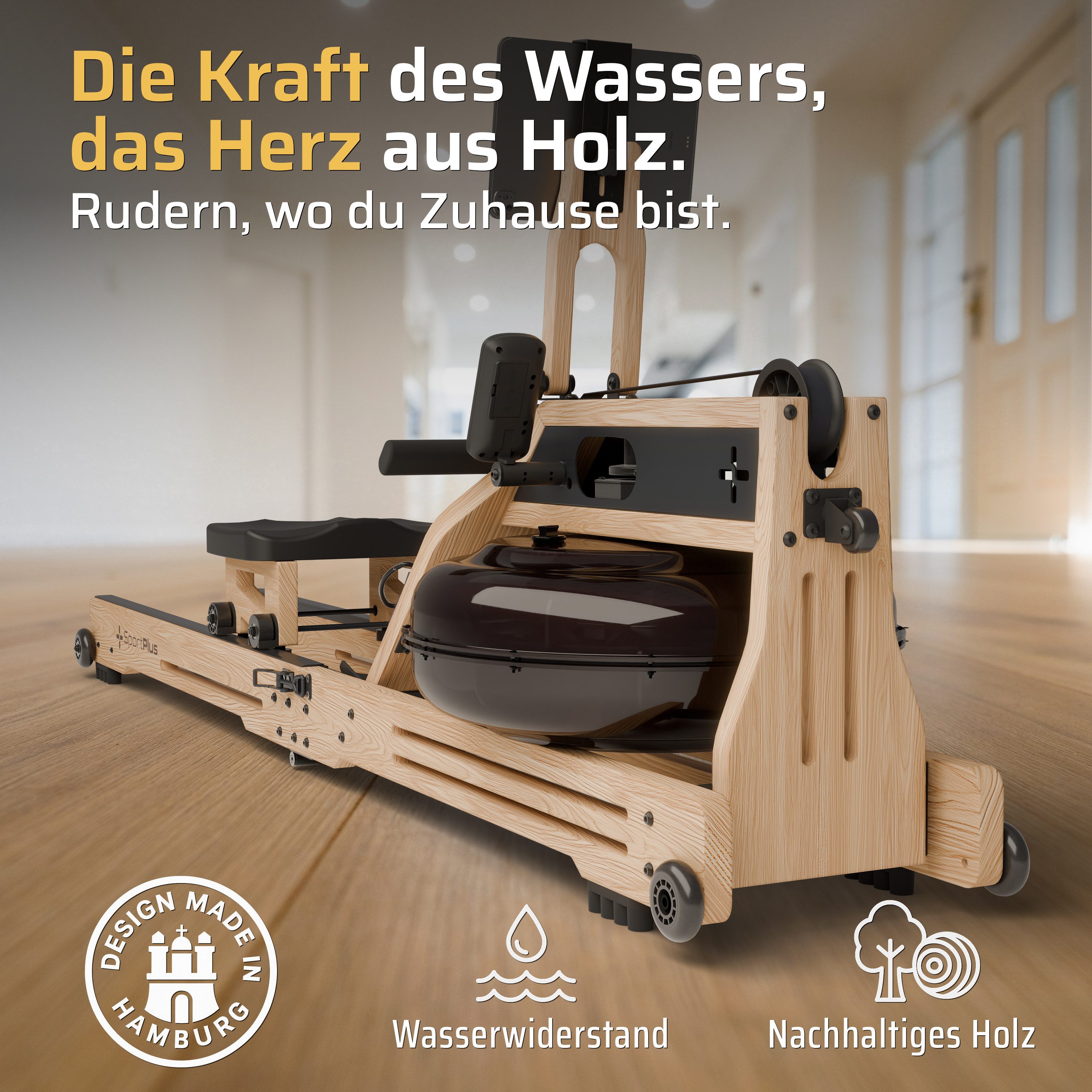 SportPlus Rudergerät SP-WR-1900-iE, Klappbares Wasserrudergerät, Natur Massivholz, Design Holzrudergerät