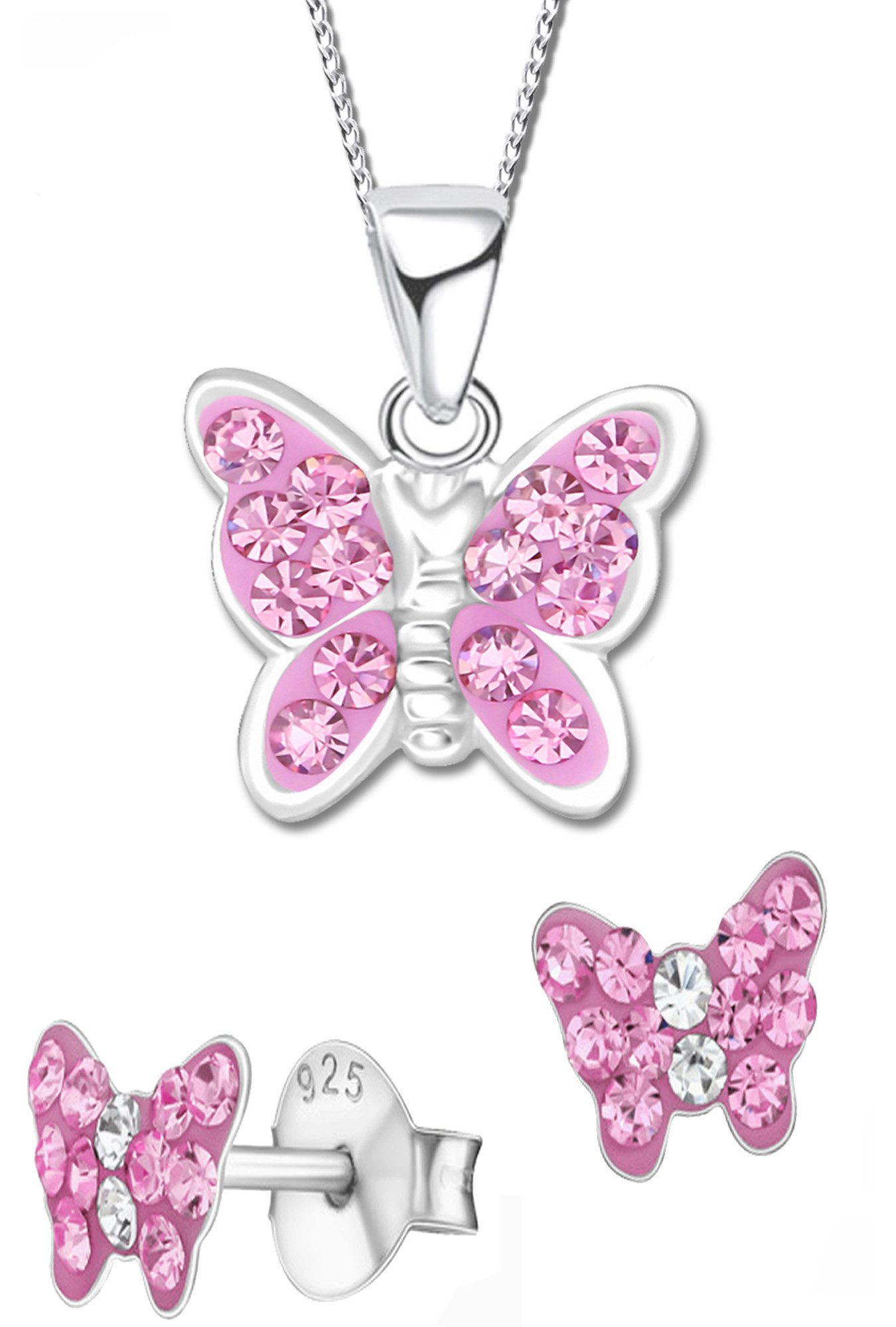 Limana Schmuckset Kinder Mädchen 925 Silber Ohrringe mit Kette Kinderschmuck Set, Zirkonia Schmetterling Ohrstecker Halskette