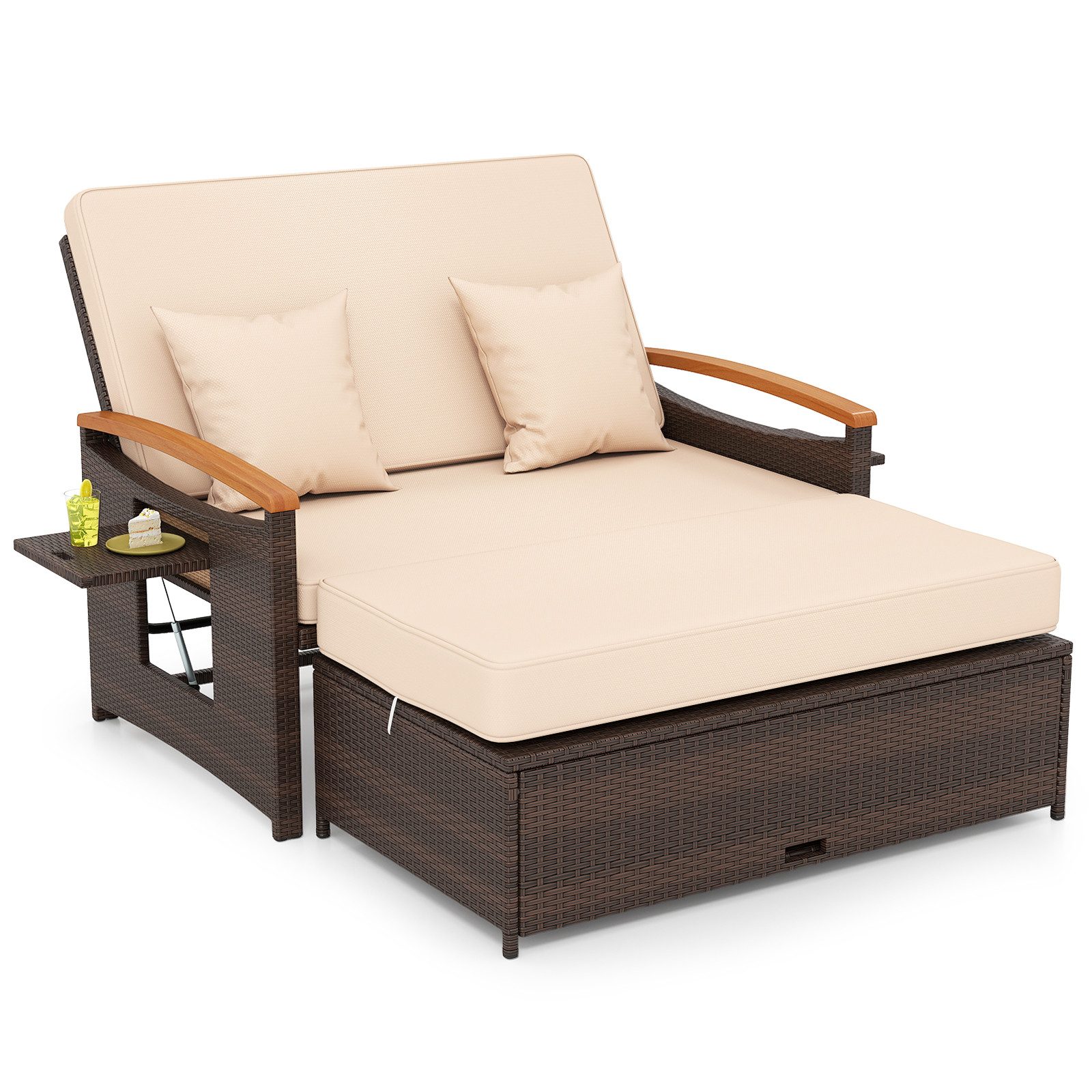 KOMFOTTEU Gartenliege 3 in1 Rattan Sofabett Doppelliege, mit ausziehbarer Seitenablage & Hocker