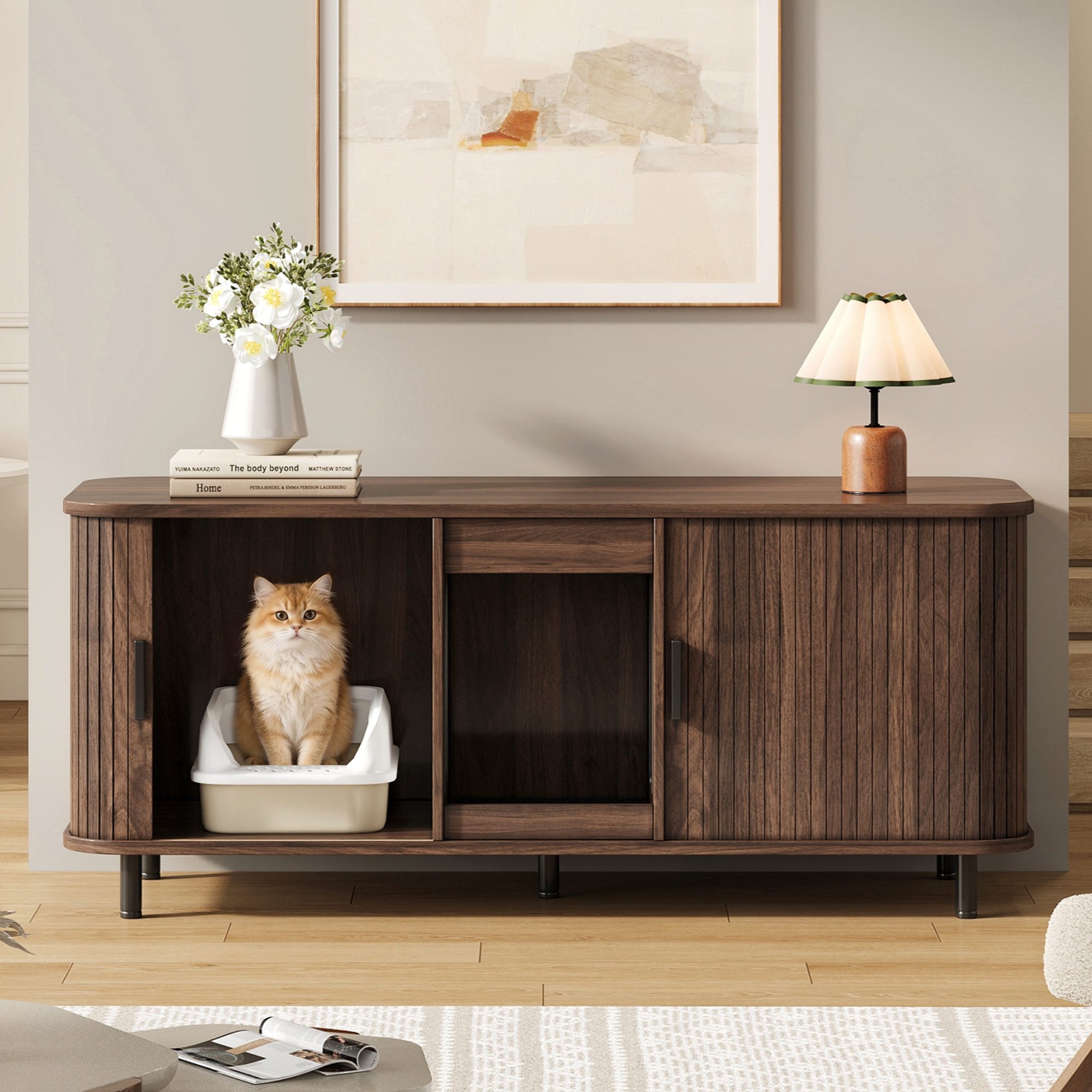 Yorbay Mehrzweckschrank Katzenkloschrank 140 cm für 2 Katzenklos mit Schiebetüren Walnussoptik