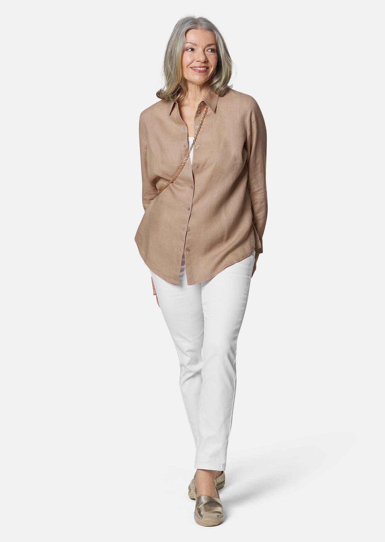 GOLDNER Langarmbluse Bequeme Damen Businessbluse Leichte Bluse aus reinem Leinen in Hemdblusenform