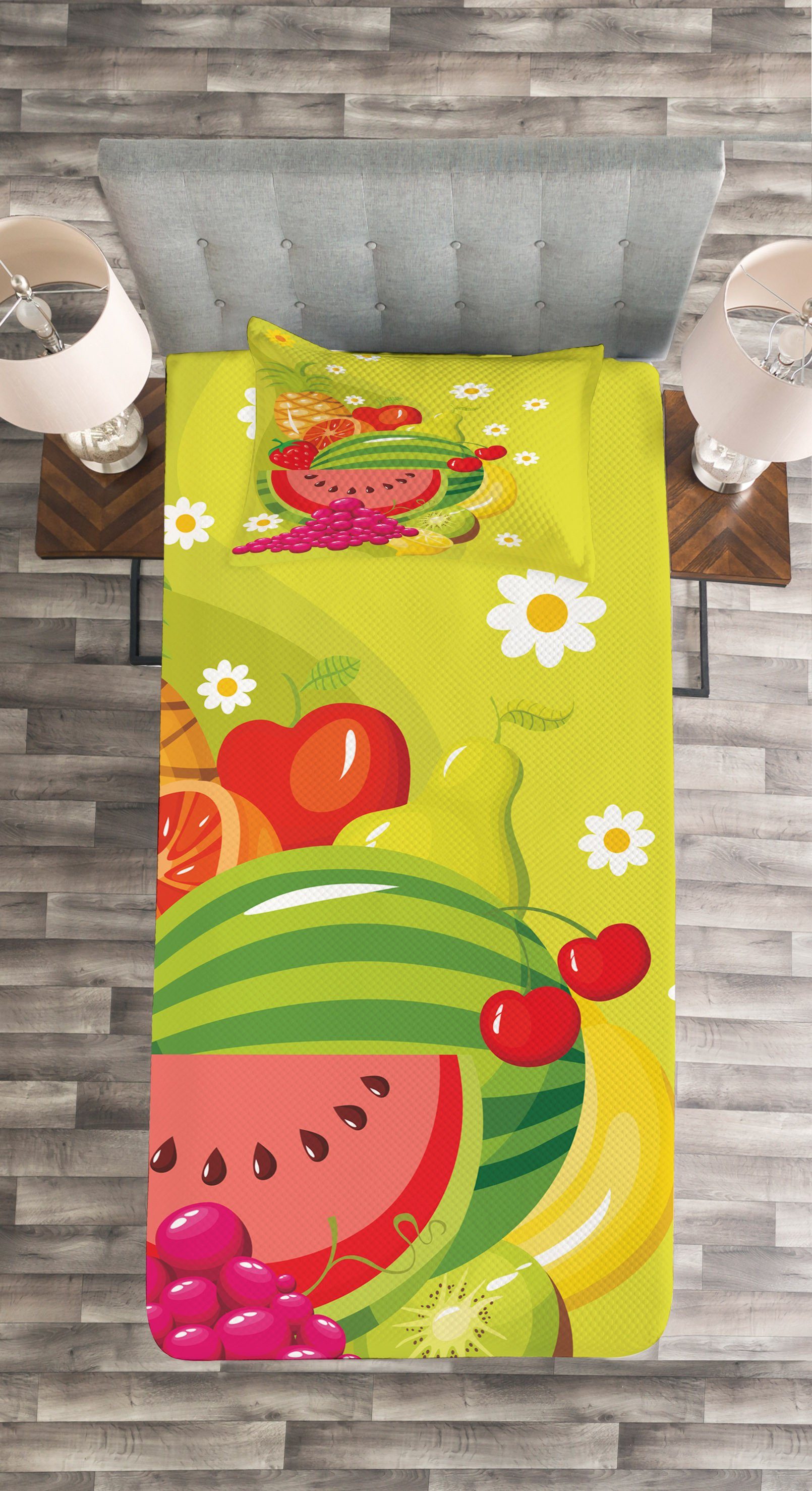 Tagesdecke Set mit Kissenbezügen Food Natural Waschbar, Cartoon Obst Gänseblümchen Abakuhaus