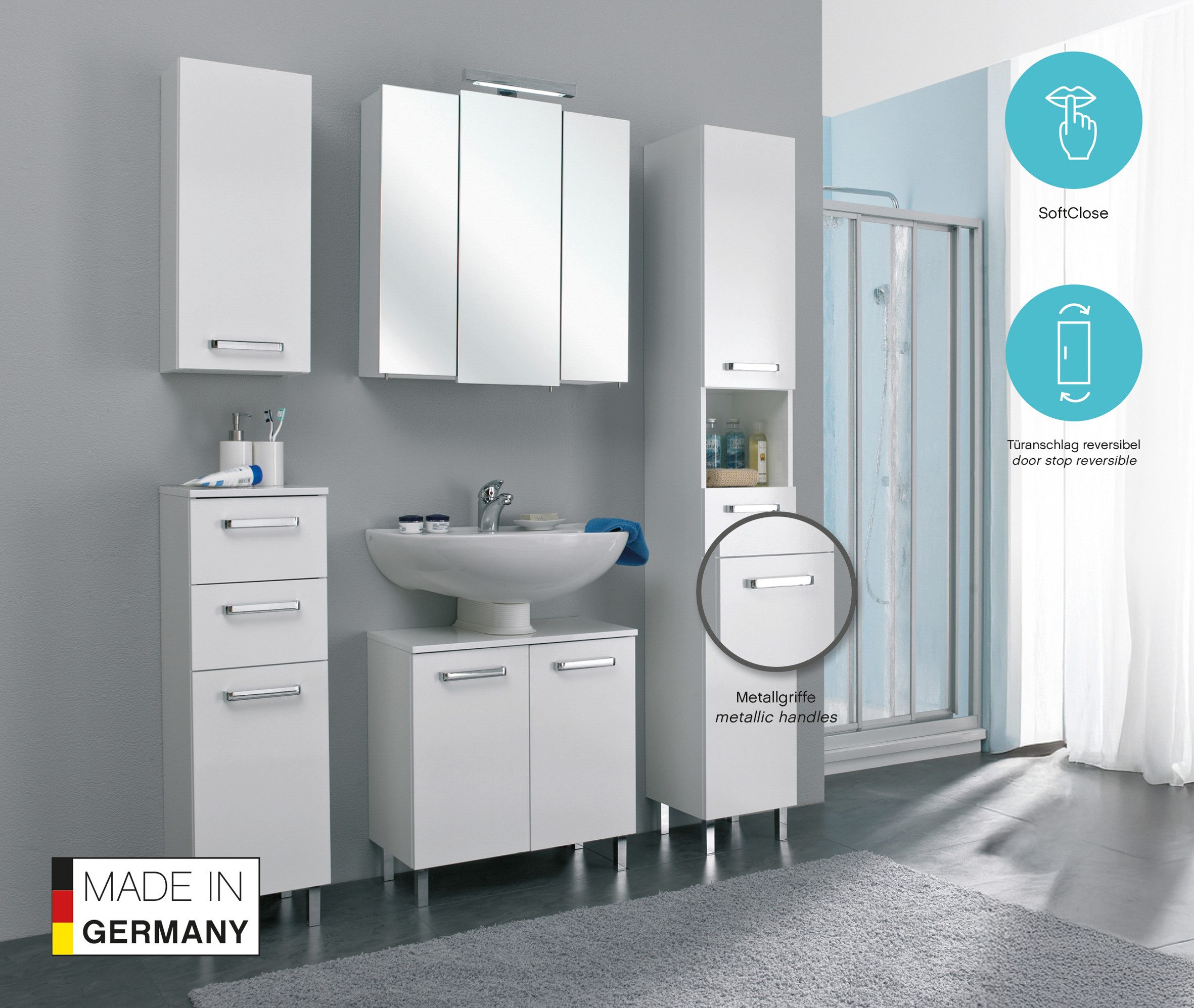 Saphir Hängeschrank Quickset Wand-Badschrank 25 cm breit mit 1 Tür und 2 Einlegeböden Badezimmer-Hängeschrank inkl. Türdämpfer, Griffe in Chrom Glanz – Bild 2 von 4
