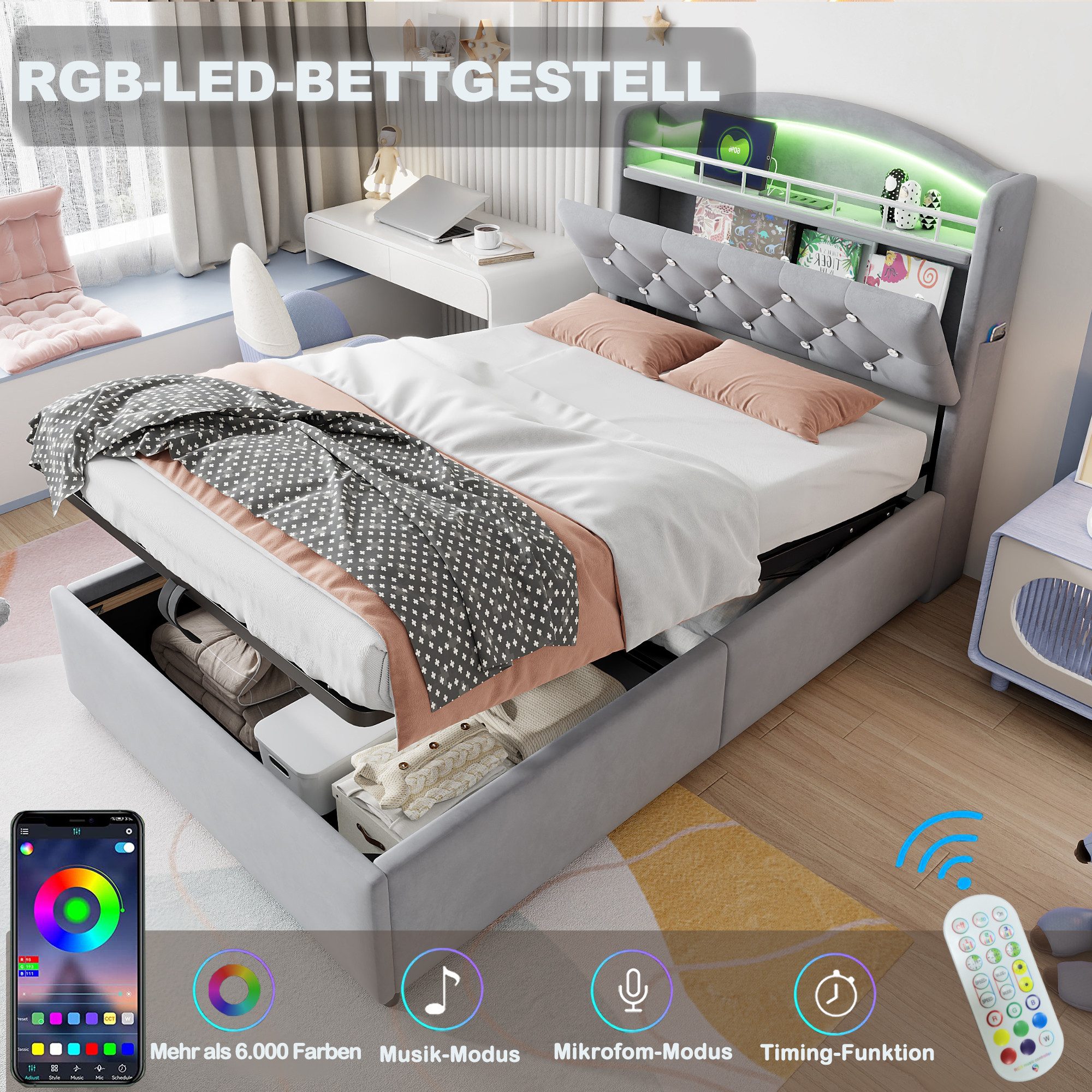Odikalo Stauraumbett Polsterbett Einzelbett Bettgestell Kopfteil USB Stauraum 90x200 Grau – Bild 3 von 5