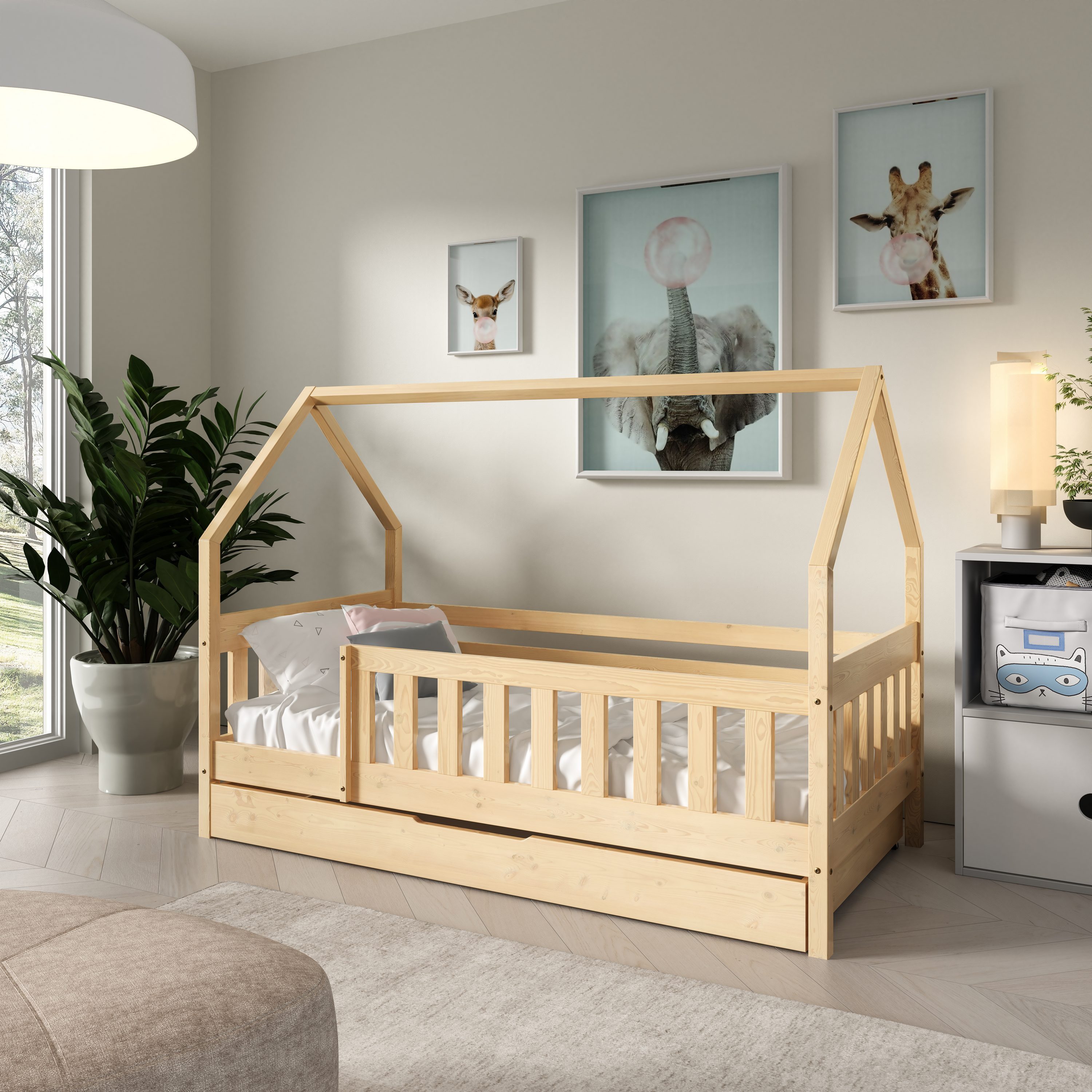 Masseno Einzelbett BELLA 80x160 cm mit Schublade Kinderbett Massivholz Kieferfarben