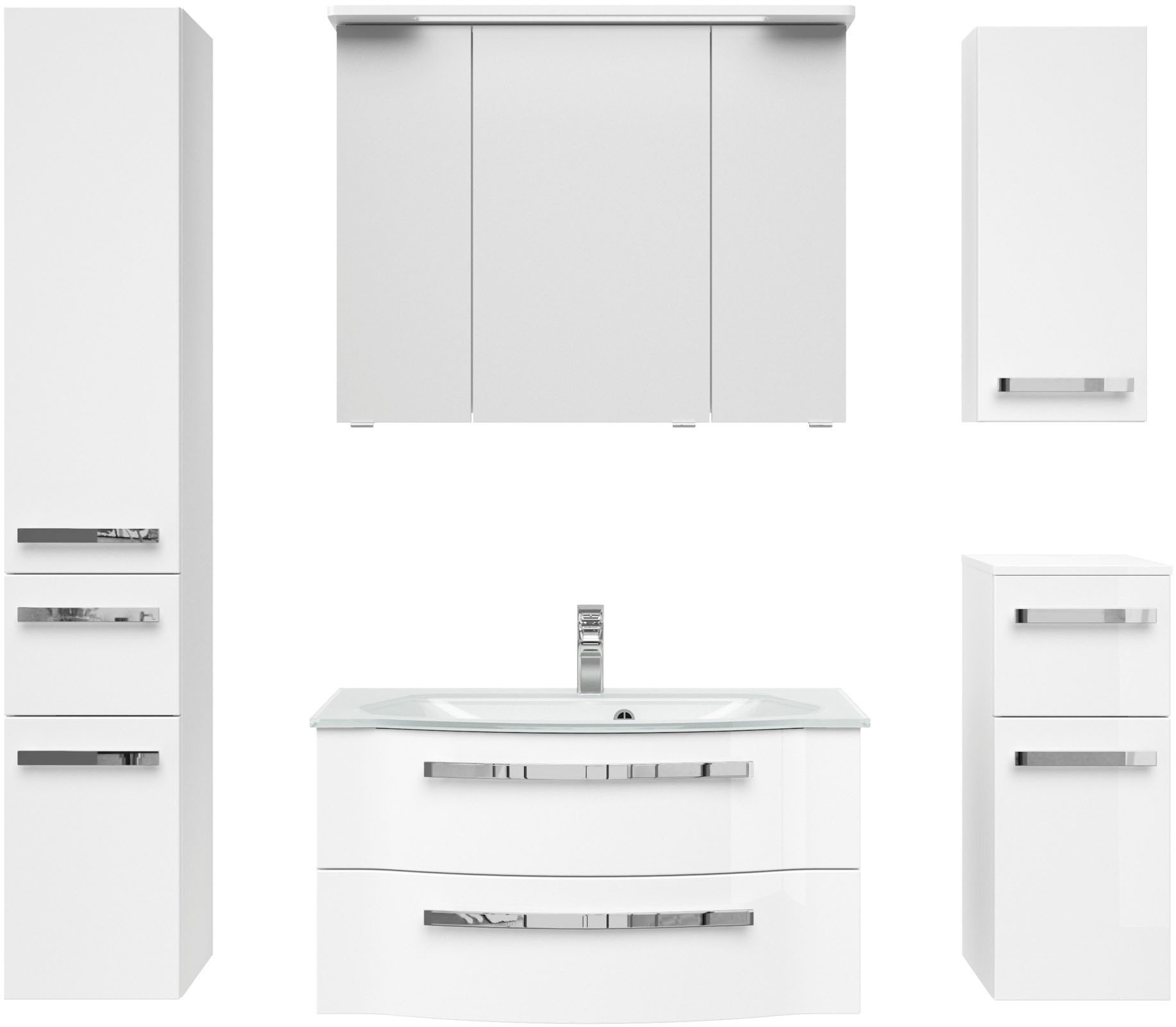 Saphir Badmöbel-Set Serie 4005, vormontiert, Glaswaschbecken, Spiegelschrank, (Set, 6-St), Badezimmer-Set mit Unterschrank, Hängeschrank, Hochschrank, Türdämpfer