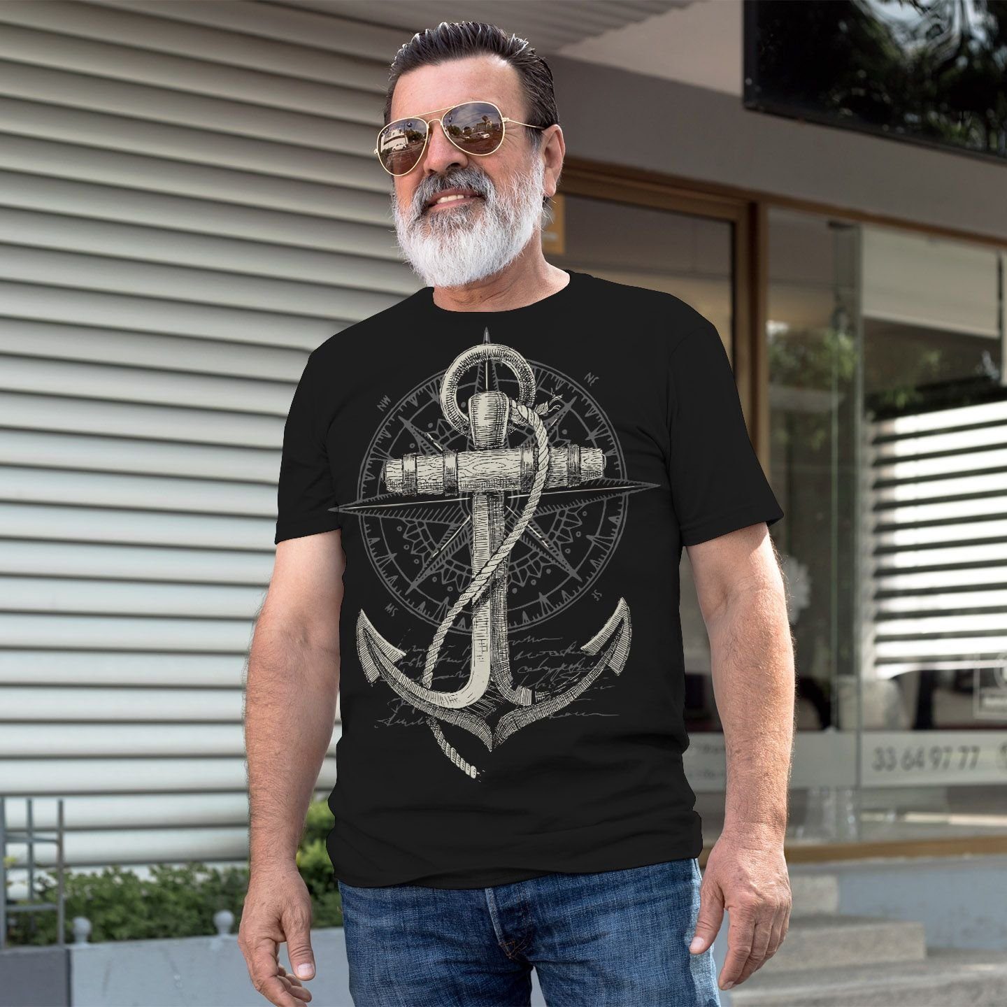 Neverless Print-Shirt Neverless® Herren T-Shirt Print Aufdruck Anker Kompass Motiv Maritim mit Print