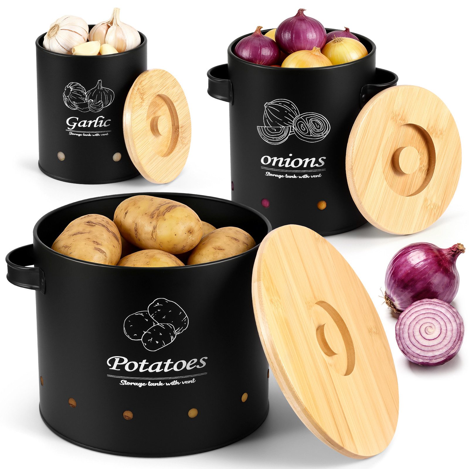BlingBin Kartoffelkiste 3er Set Vorratsbox Set mit Bambusdeckel, Küche Aufbewahrungsbox (3er Set, 3 St., Groß:27×22×19cm, Mittel:17.5×13.5×17cm, Klein:11.2×11.2×14cm), Stapelbar & Verschachtelbar, Aufbewahrung Kartoffeln Zwiebeln
