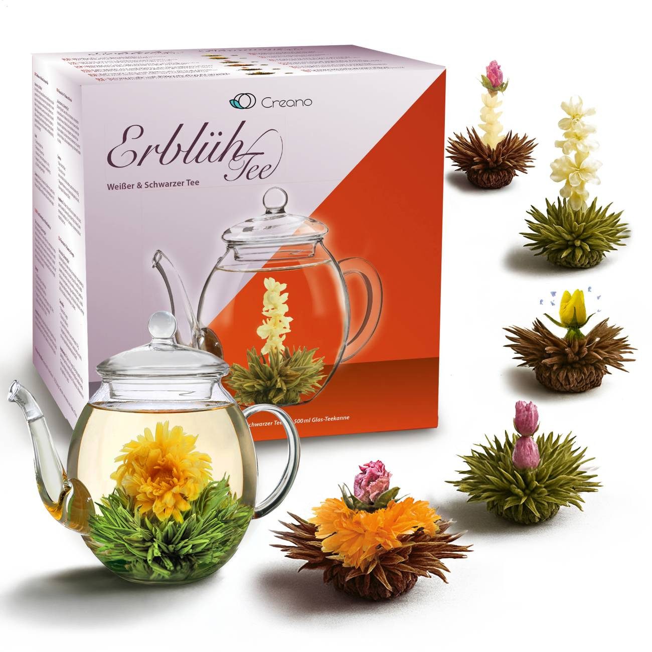 Creano Tee Geschenkset mit Glaskanne 500ml Weißtee & Schwarztee mit 6 Teekugeln, 1 x 6 St.