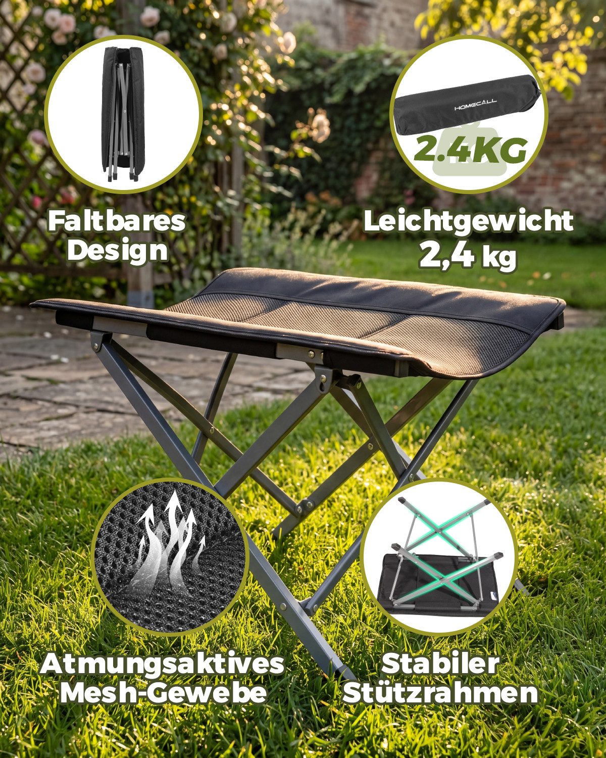 HOMECALL Klappstuhl Campingstuhl Faltbar 3D-Mesh + 600D Oxford Gartenstuhl Hohe Lehne (Fußablage fußhocker klappbar für Campingsessel Soft Touch Black Magic), 2,4KG Hocker Gepolstert Fußstütze für Sessel Garten- und Balkonstuhl