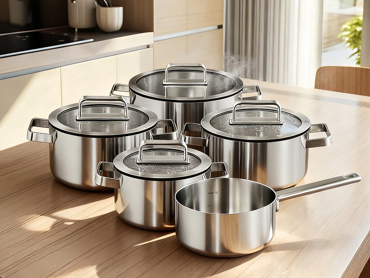 Hanseatic Topf-Set PREMIUM, Edelstahl (Set, 9-tlg., Kochtopf 1x 16 cm / 2x 20 cm / 1x 24 cm, Stielkasserolle 16 cm), handfreundliche Griffe, Literskala, Glasdeckel, Induktion