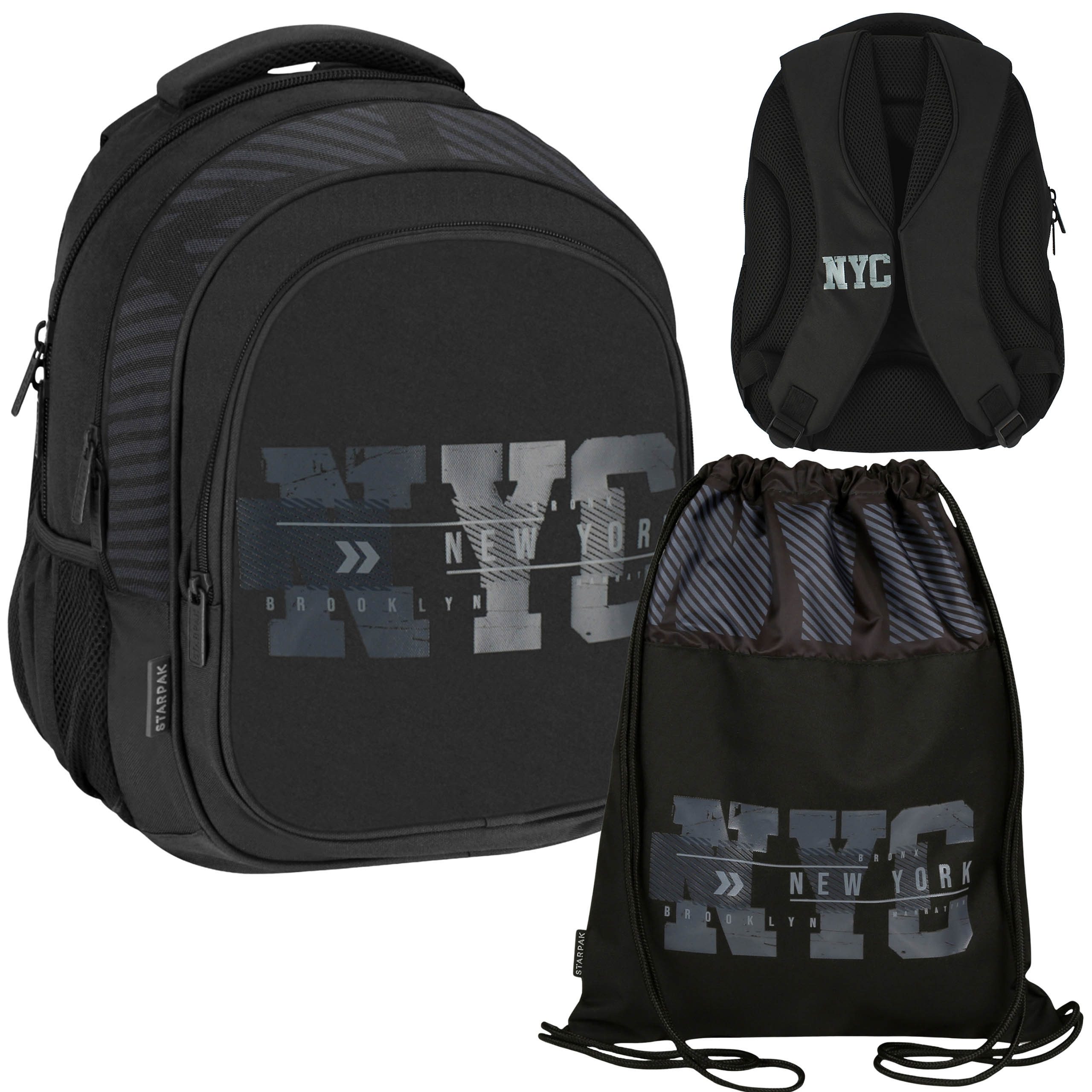 Sarcia.eu Schulrucksack NYC SCHUL Starter SET für JUNGEN: gepolsterter Rucksack + Schuhtasche