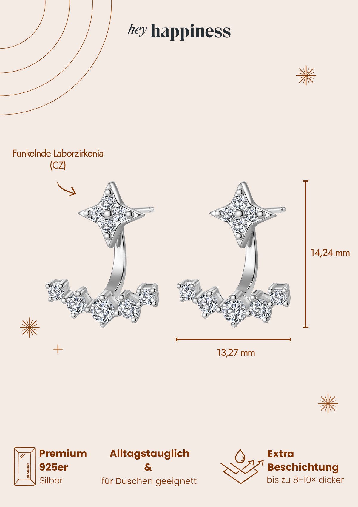 Hey Happiness Paar Ohrhänger Cosmic Kristall Stern, Ear Jacket Ohrringe Silber 925 für Damen, vergoldet